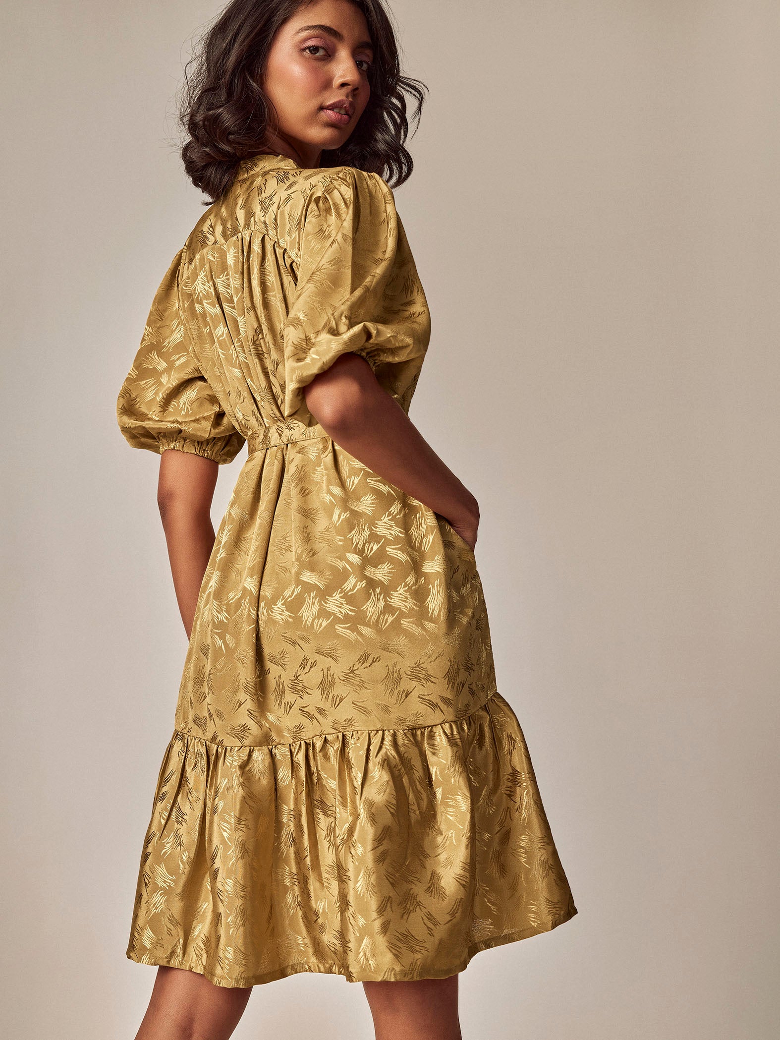 Gold Jacquard Puff Sleeve Dress