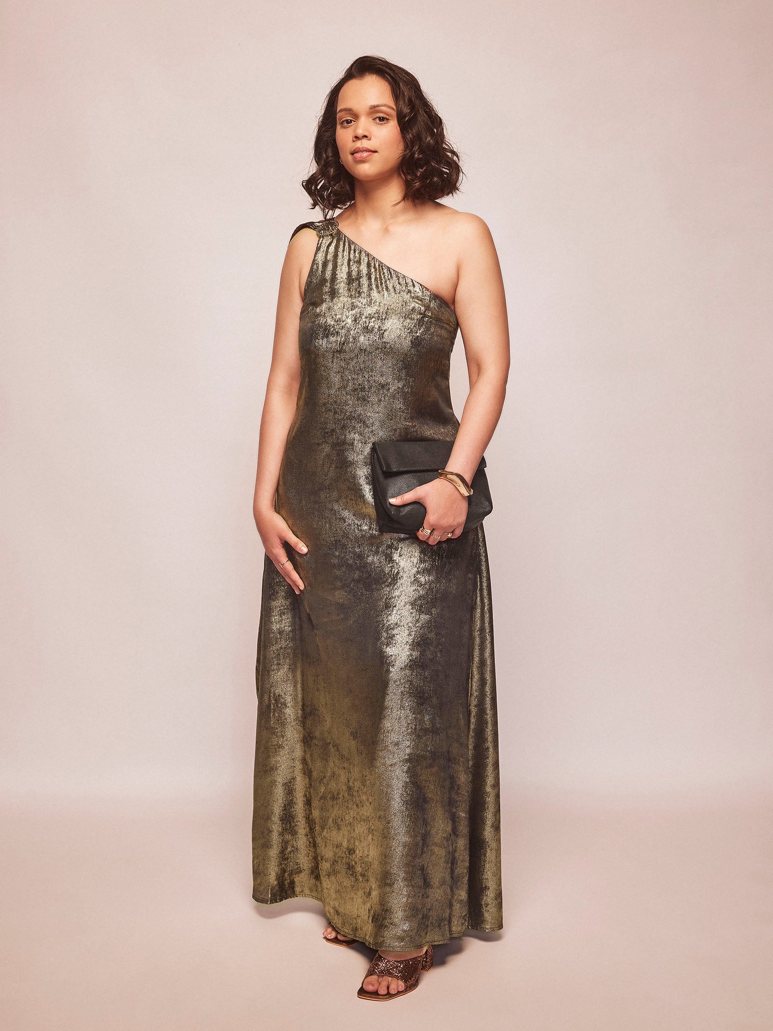 Gold Shimmer One Shoulder Dress