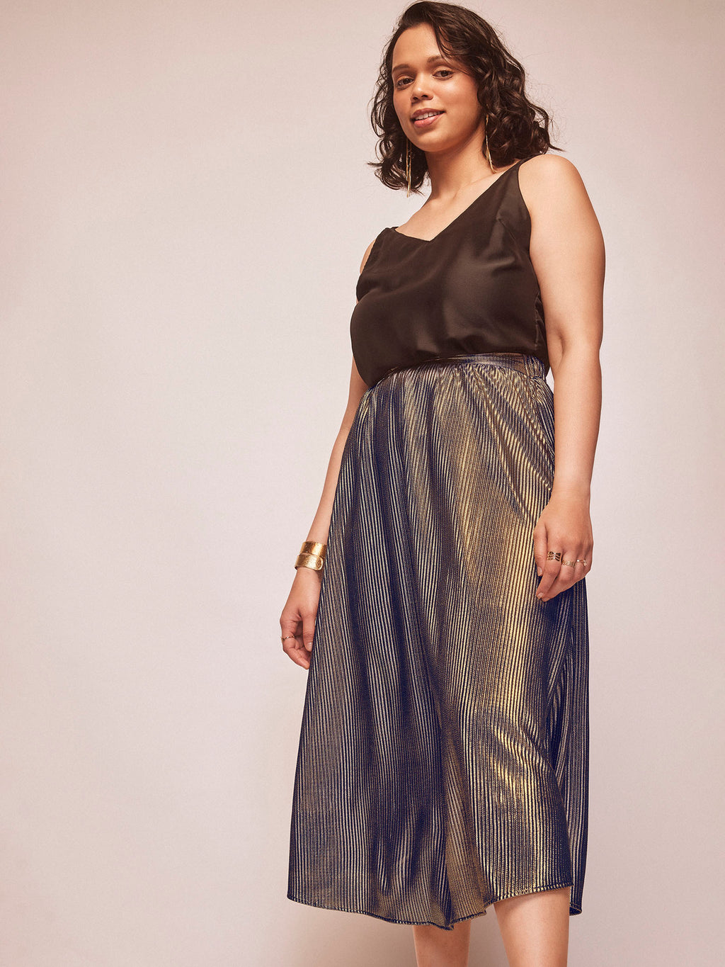 Gold Shimmer Pleated Midi Skirt