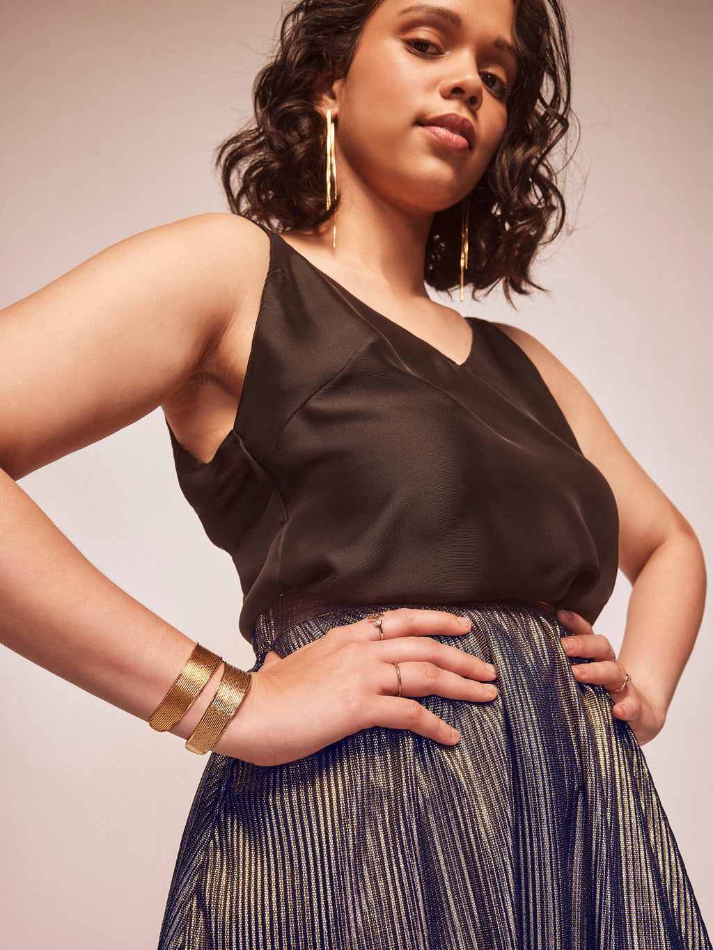 Gold Shimmer Pleated Midi Skirt