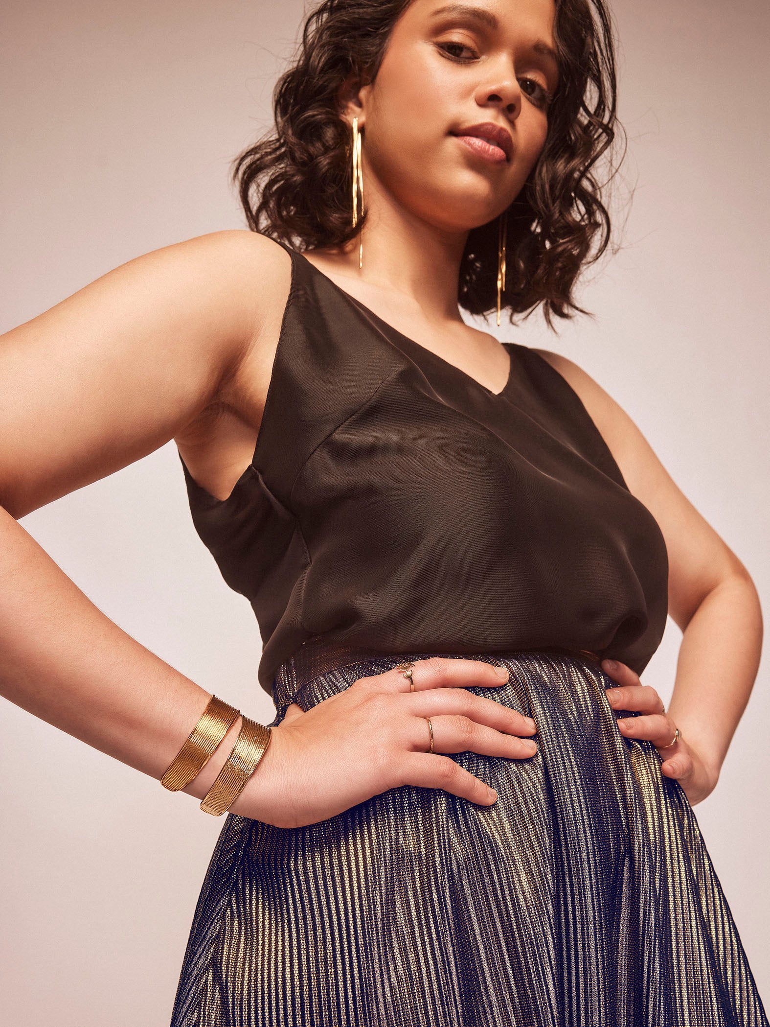 Gold Shimmer Pleated Midi Skirt