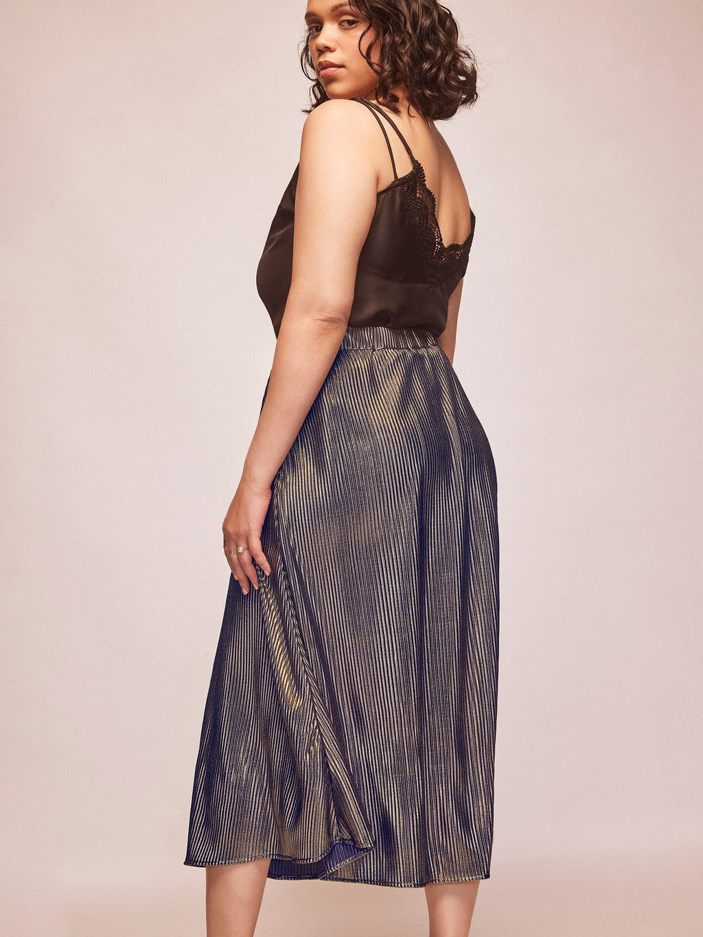 Gold Shimmer Pleated Midi Skirt