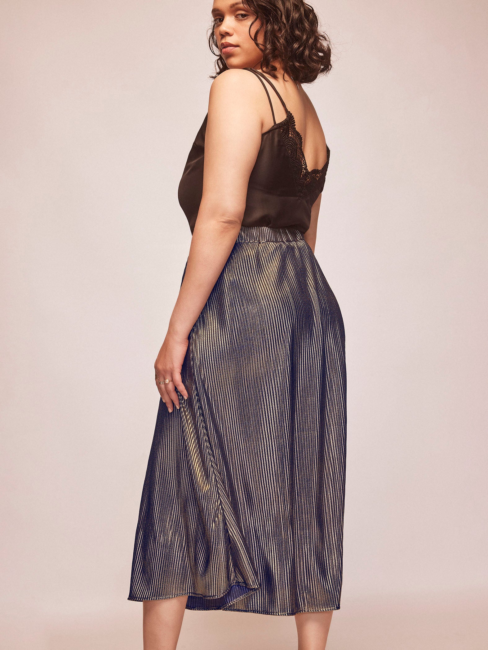 Gold Shimmer Pleated Midi Skirt