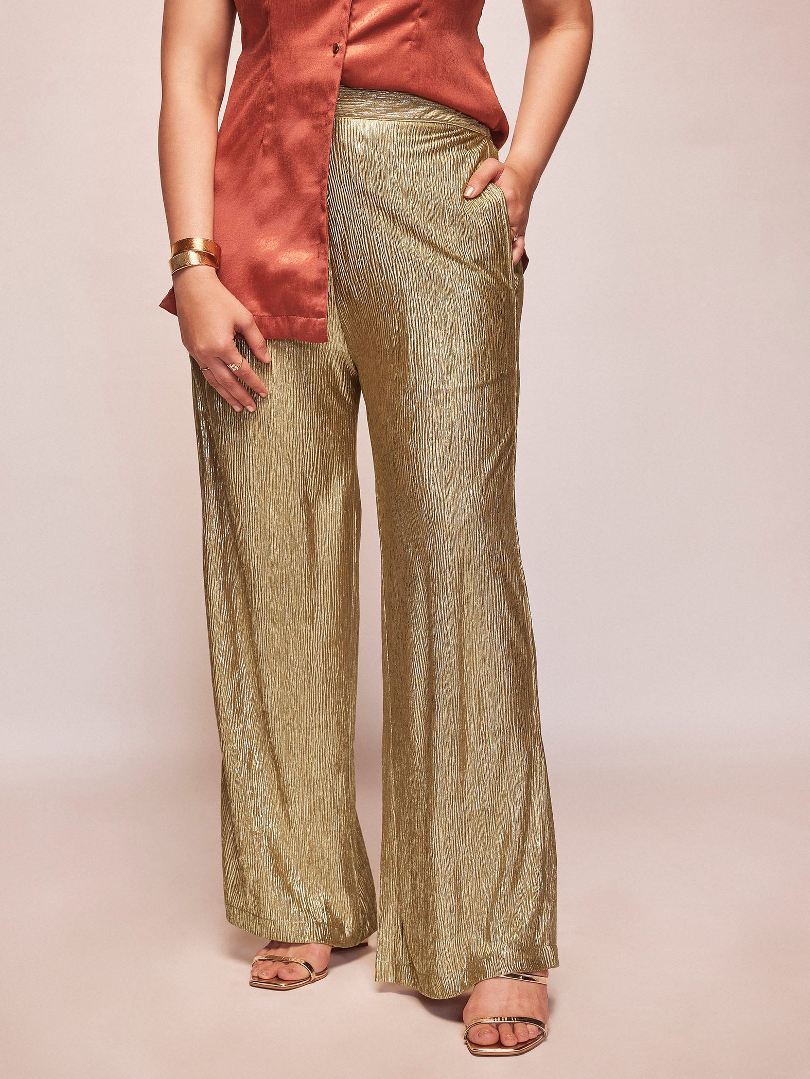 Gold Shimmer Wide Leg Pants