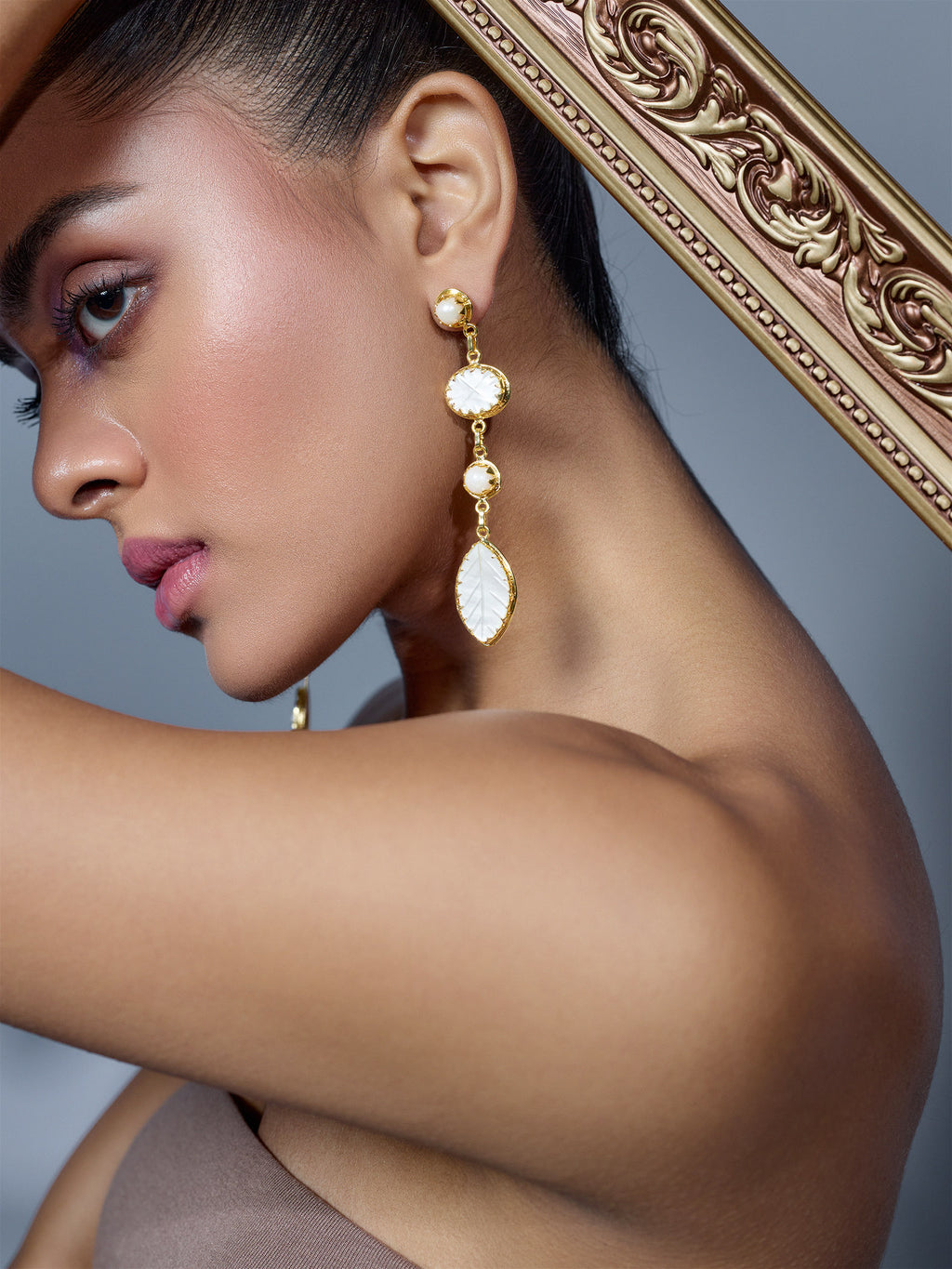 Gold and Faux Pearl Leaf Danglers
