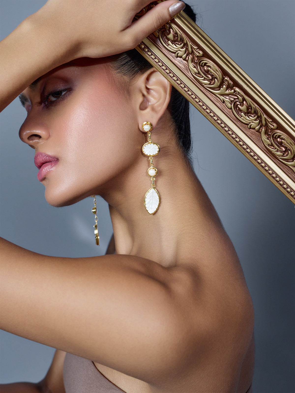 Gold and Faux Pearl Leaf Danglers