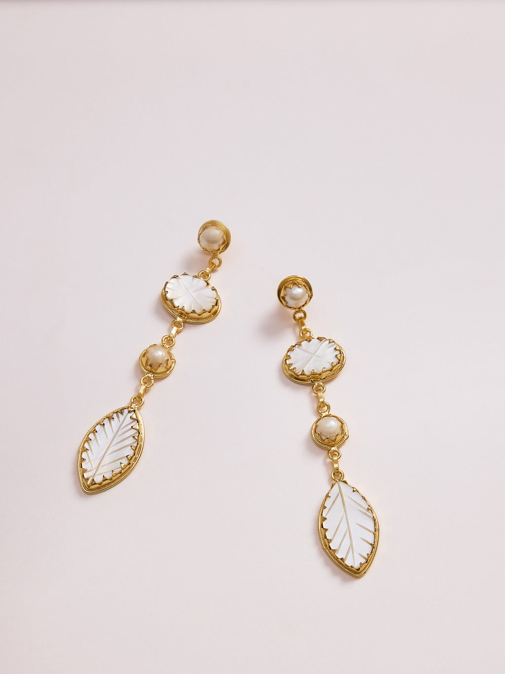 Gold and Faux Pearl Leaf Danglers