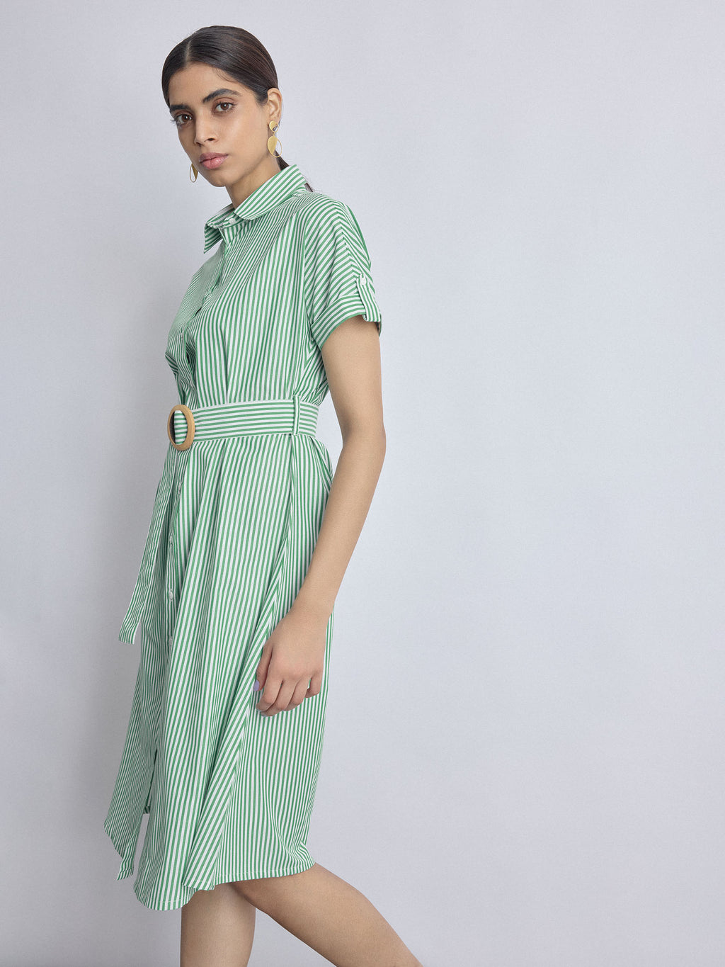 Green Striped Belted Midi Dress