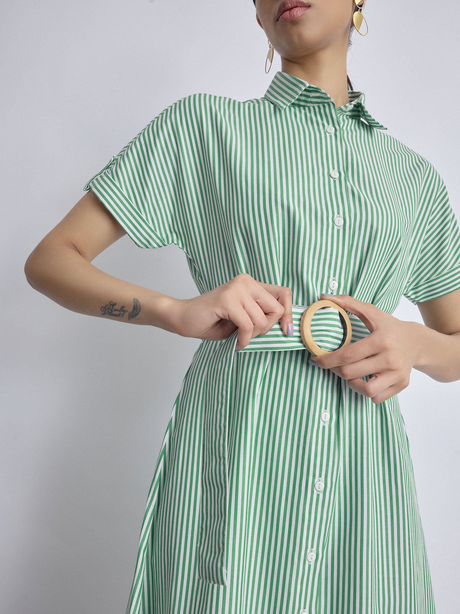 Green Striped Belted Midi Dress