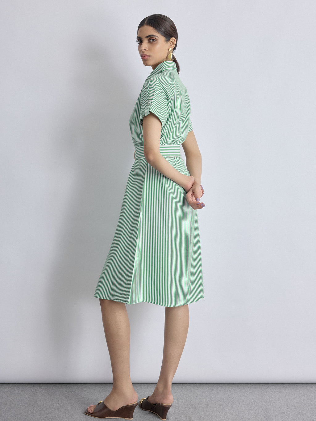 Green Striped Belted Midi Dress