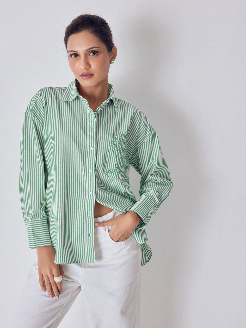 Green Striped Embroidered Shirt