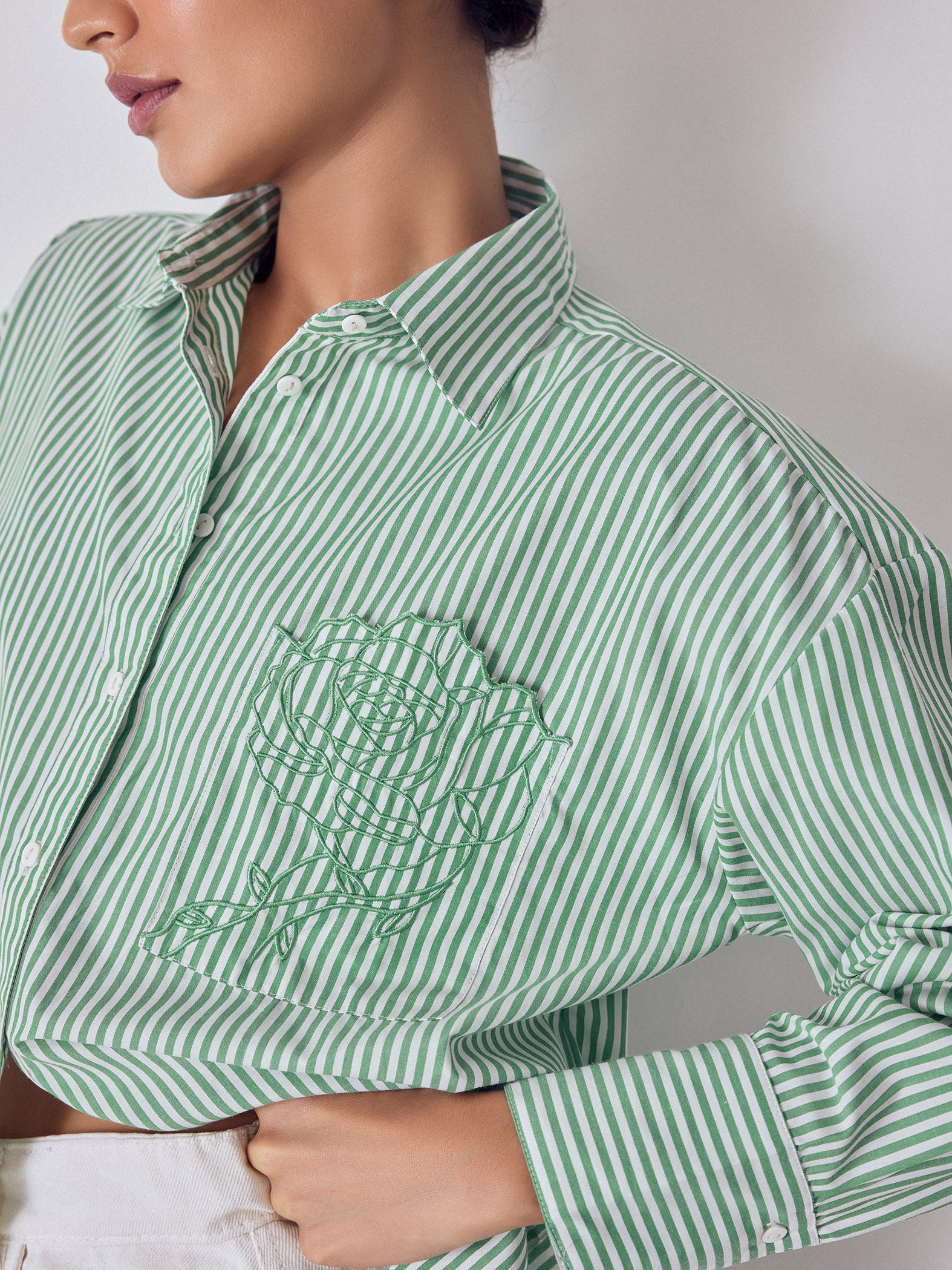 Green Striped Embroidered Shirt