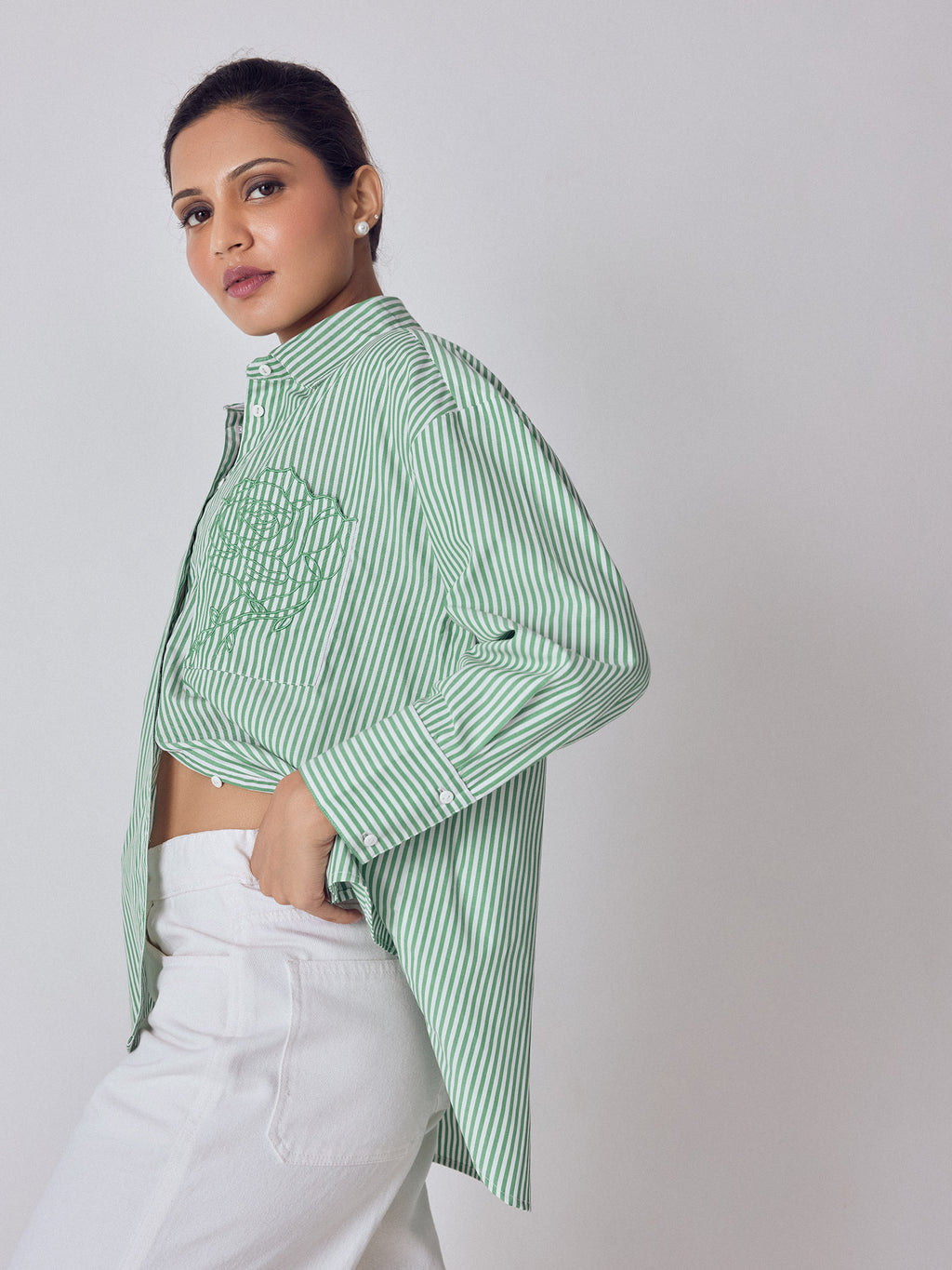 Green Striped Embroidered Shirt