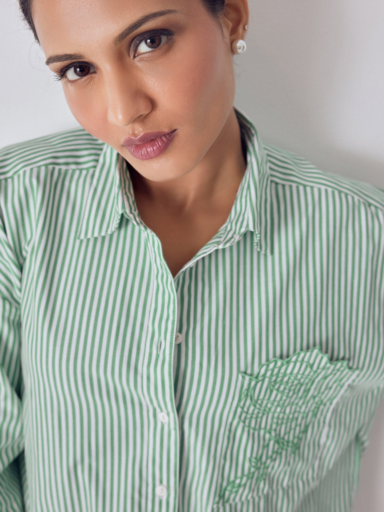 Green Striped Embroidered Shirt