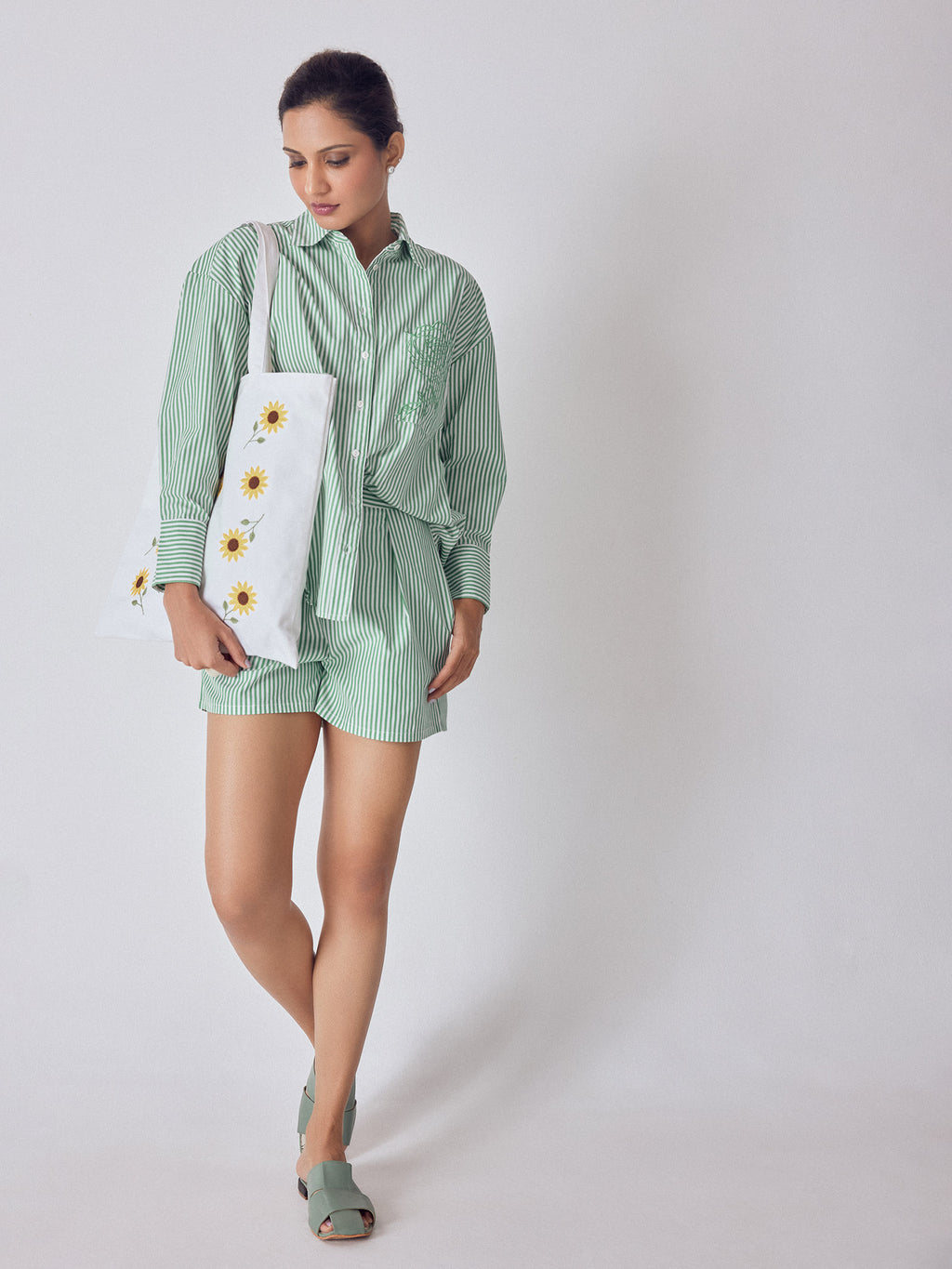 Green Striped Embroidered Shirt