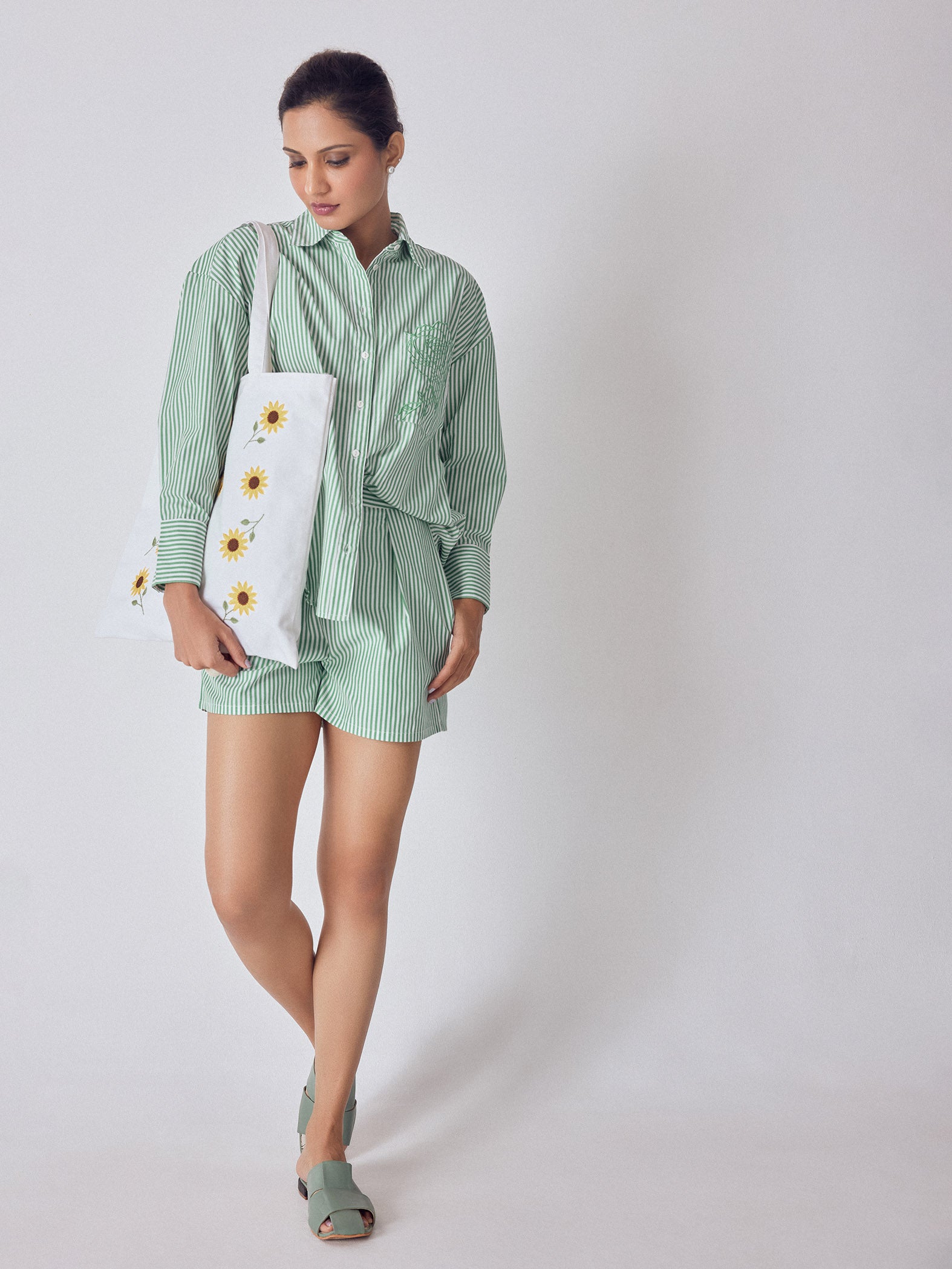 Green Striped Embroidered Shirt