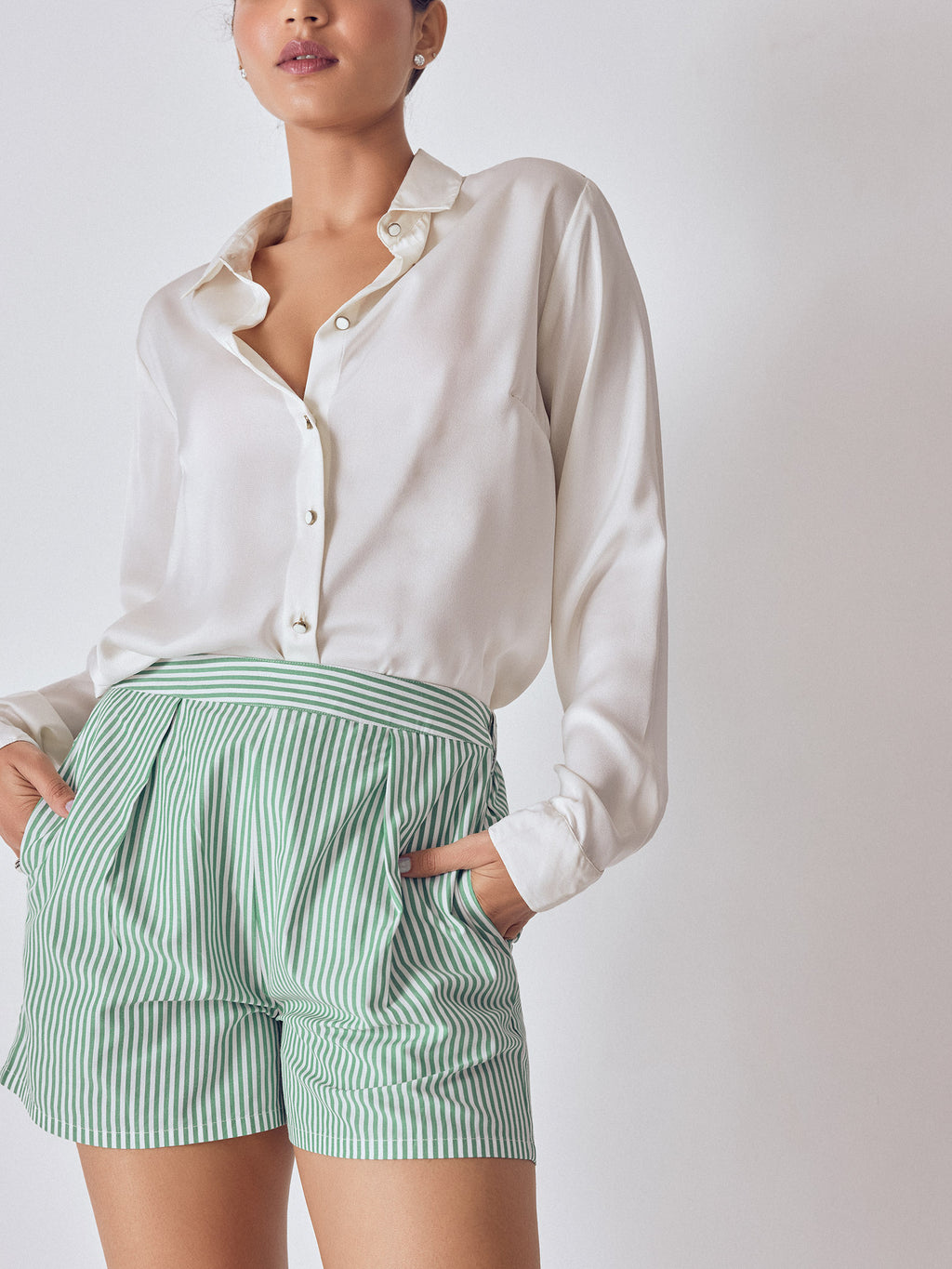 Green Striped Pleated Shorts
