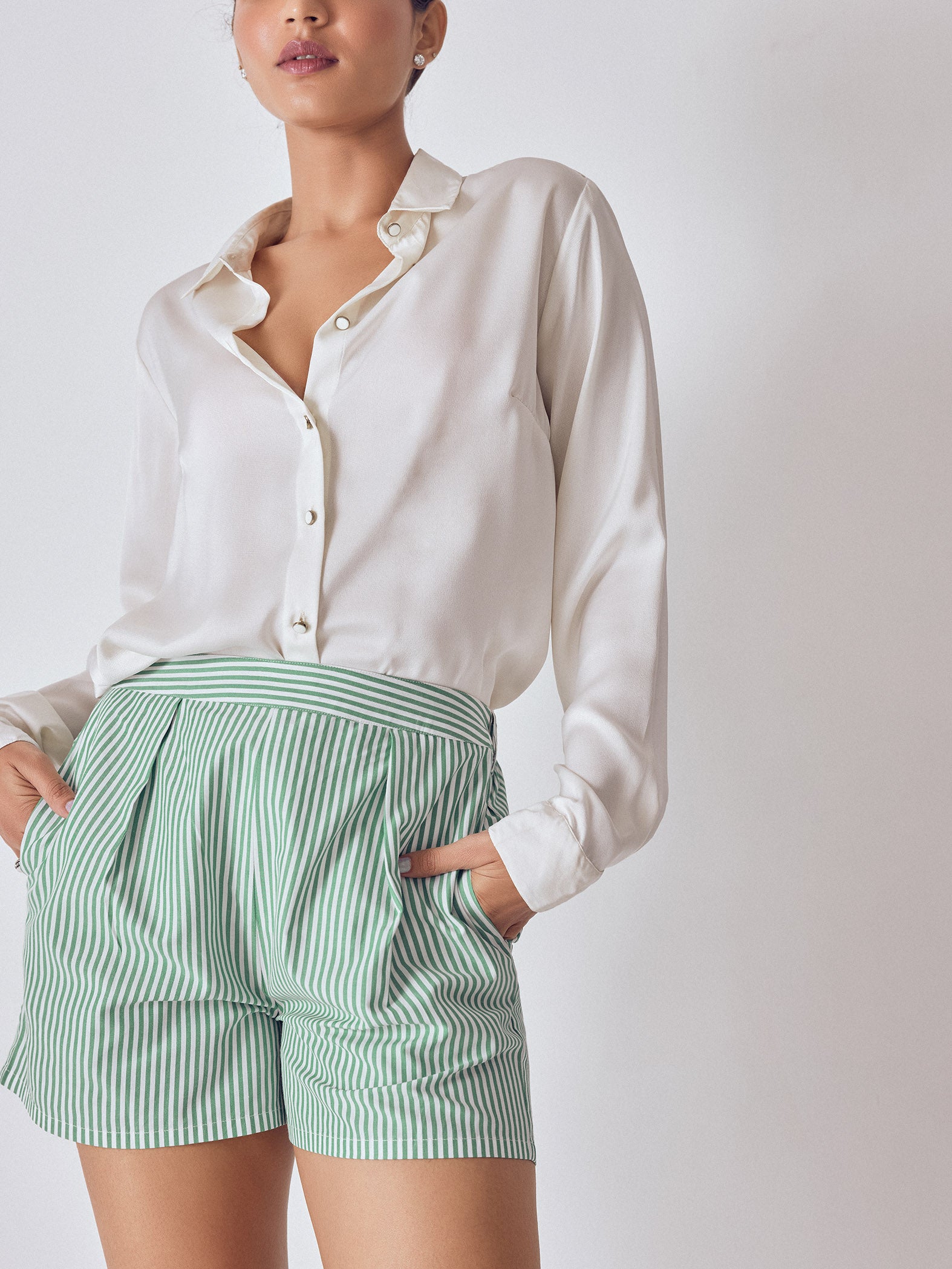 Green Striped Pleated Shorts