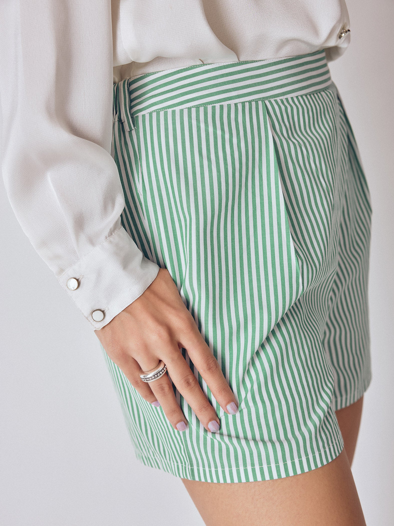 Green Striped Pleated Shorts