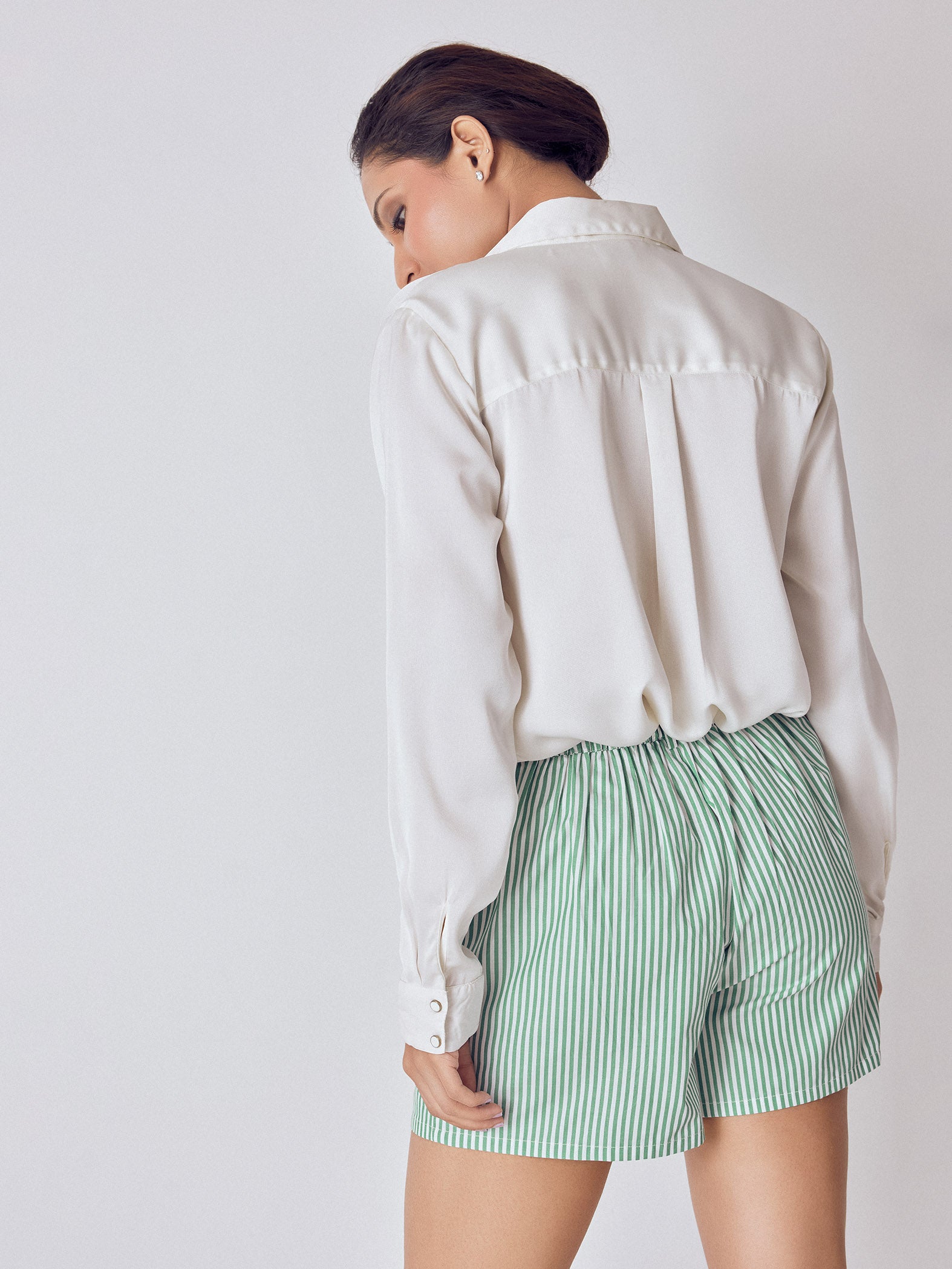 Green Striped Pleated Shorts