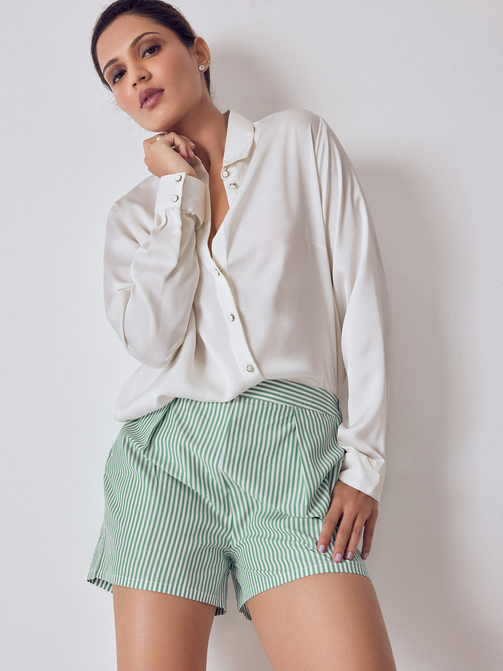 Green Striped Pleated Shorts