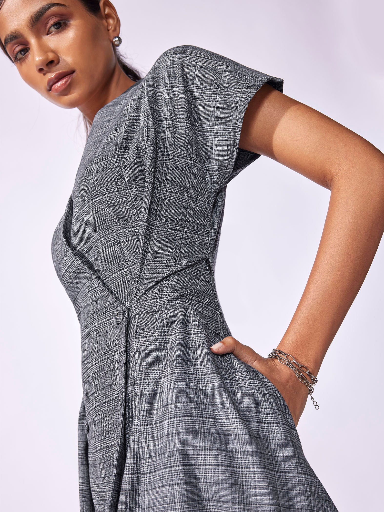 Grey Checked Double Breasted Dress