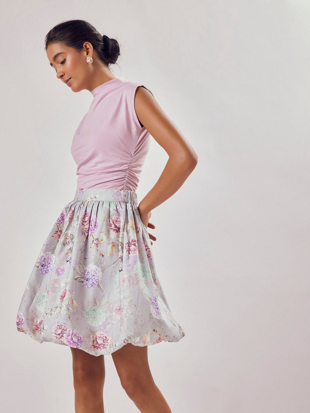 Grey Floral Print Bubble Hem Skirt