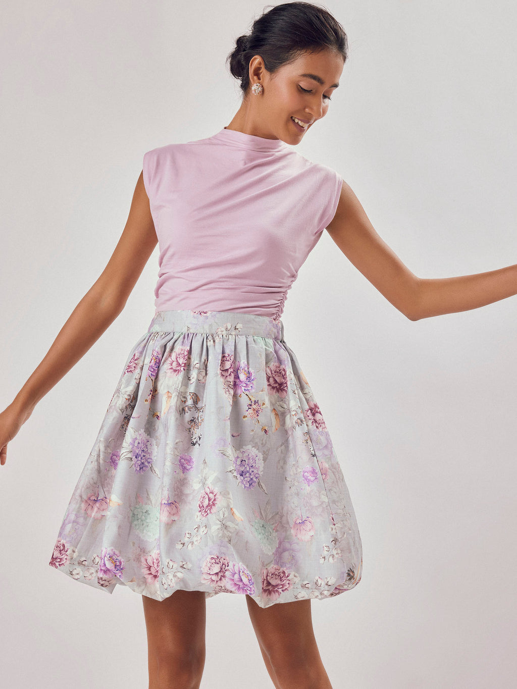 Grey Floral Print Bubble Hem Skirt