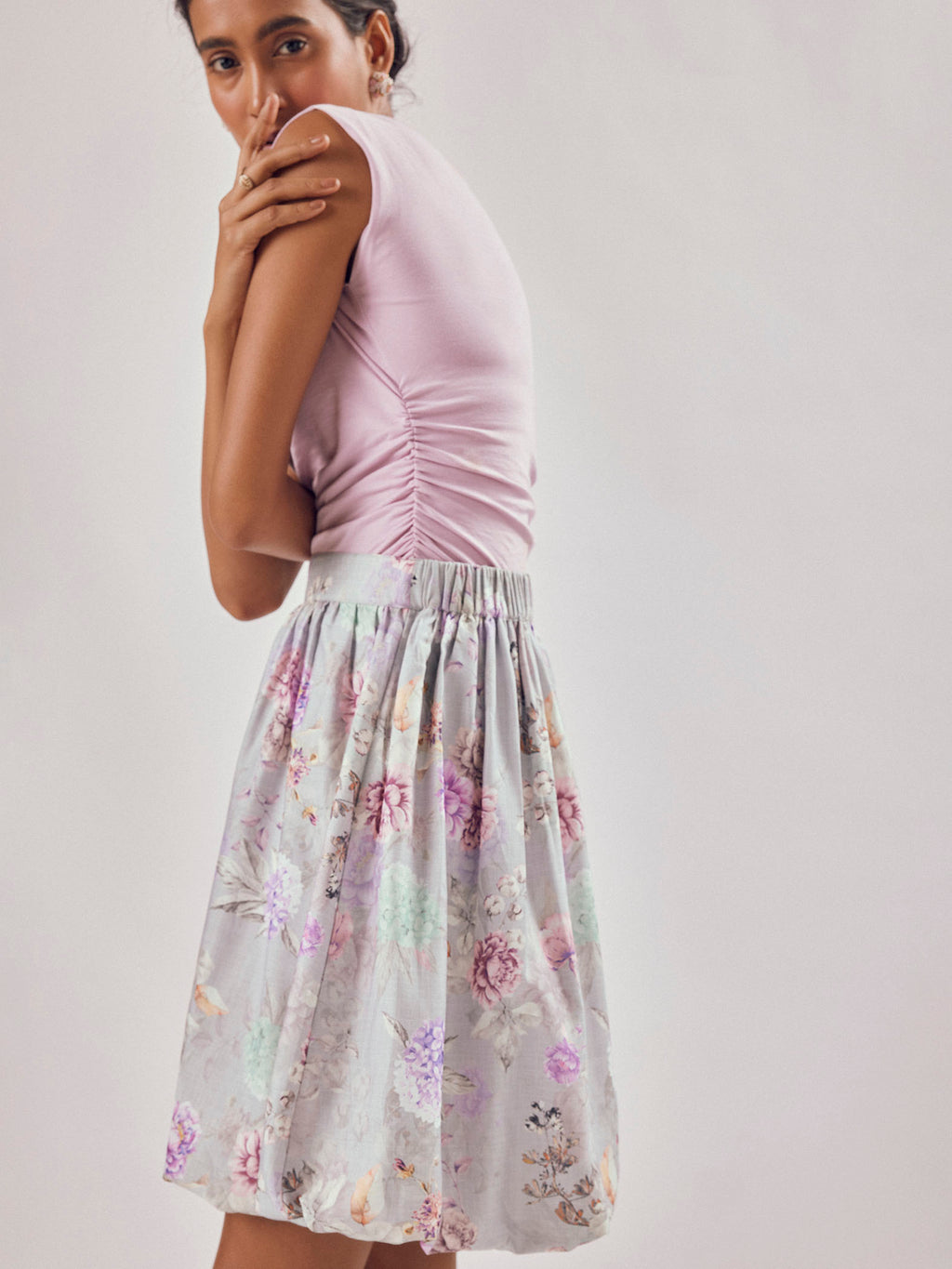 Grey Floral Print Bubble Hem Skirt
