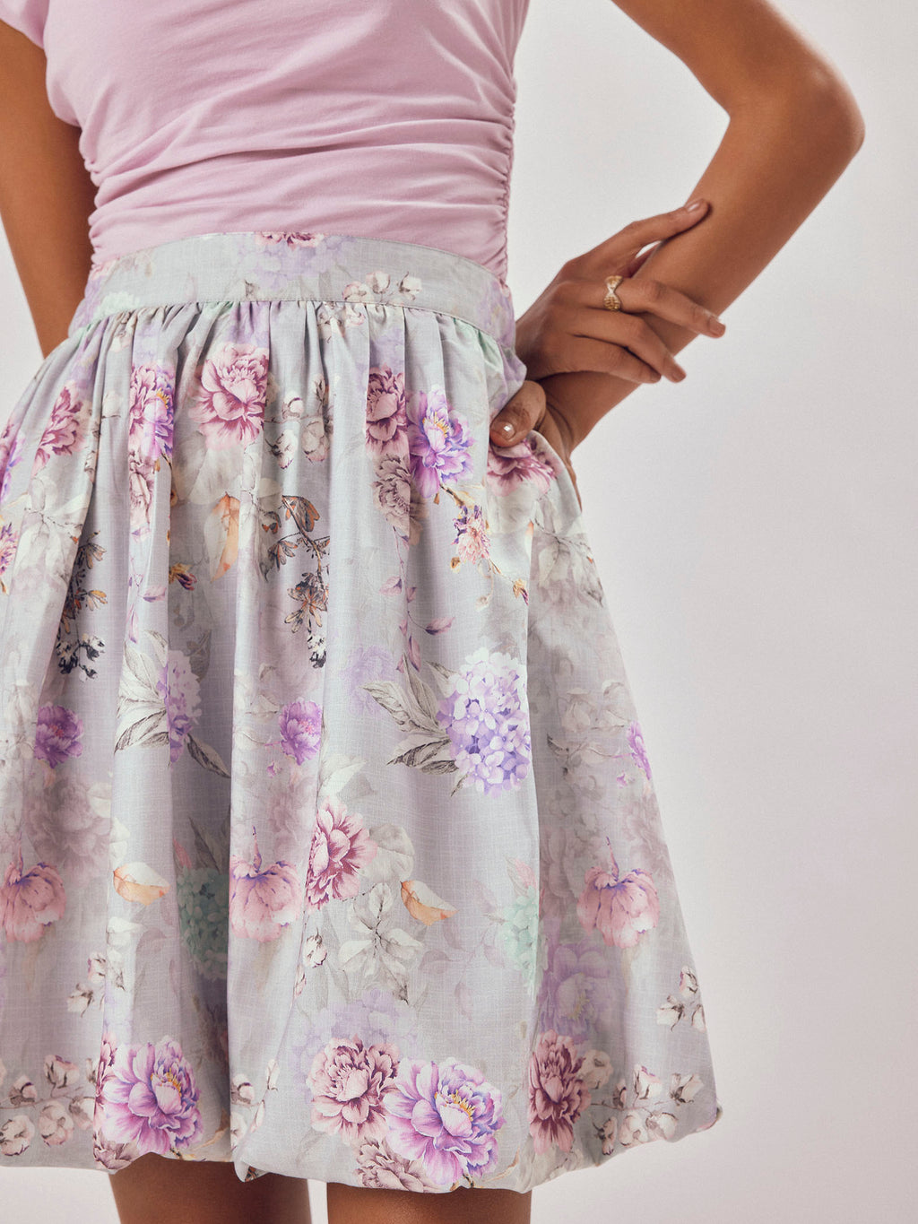 Grey Floral Print Bubble Hem Skirt
