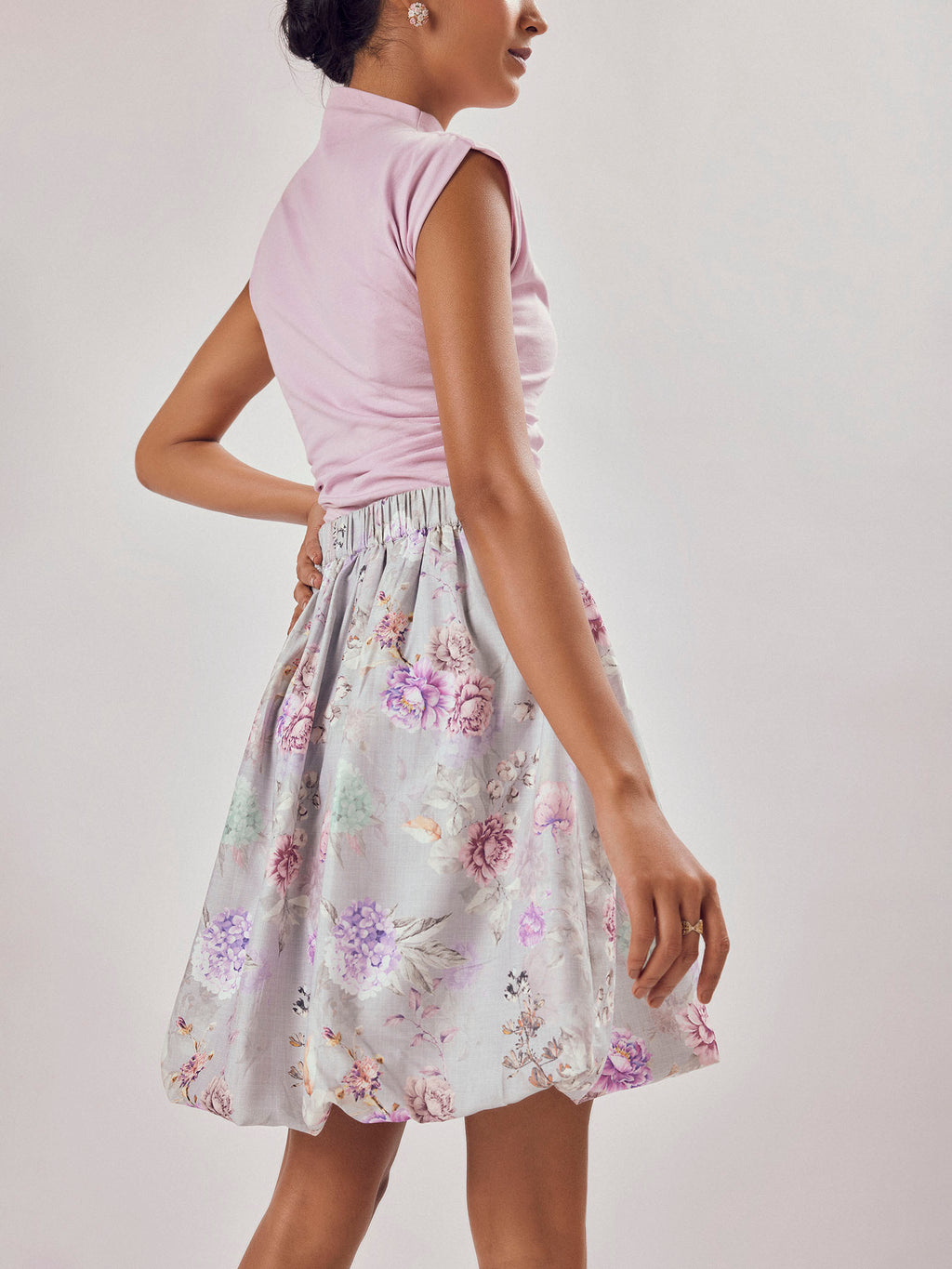 Grey Floral Print Bubble Hem Skirt