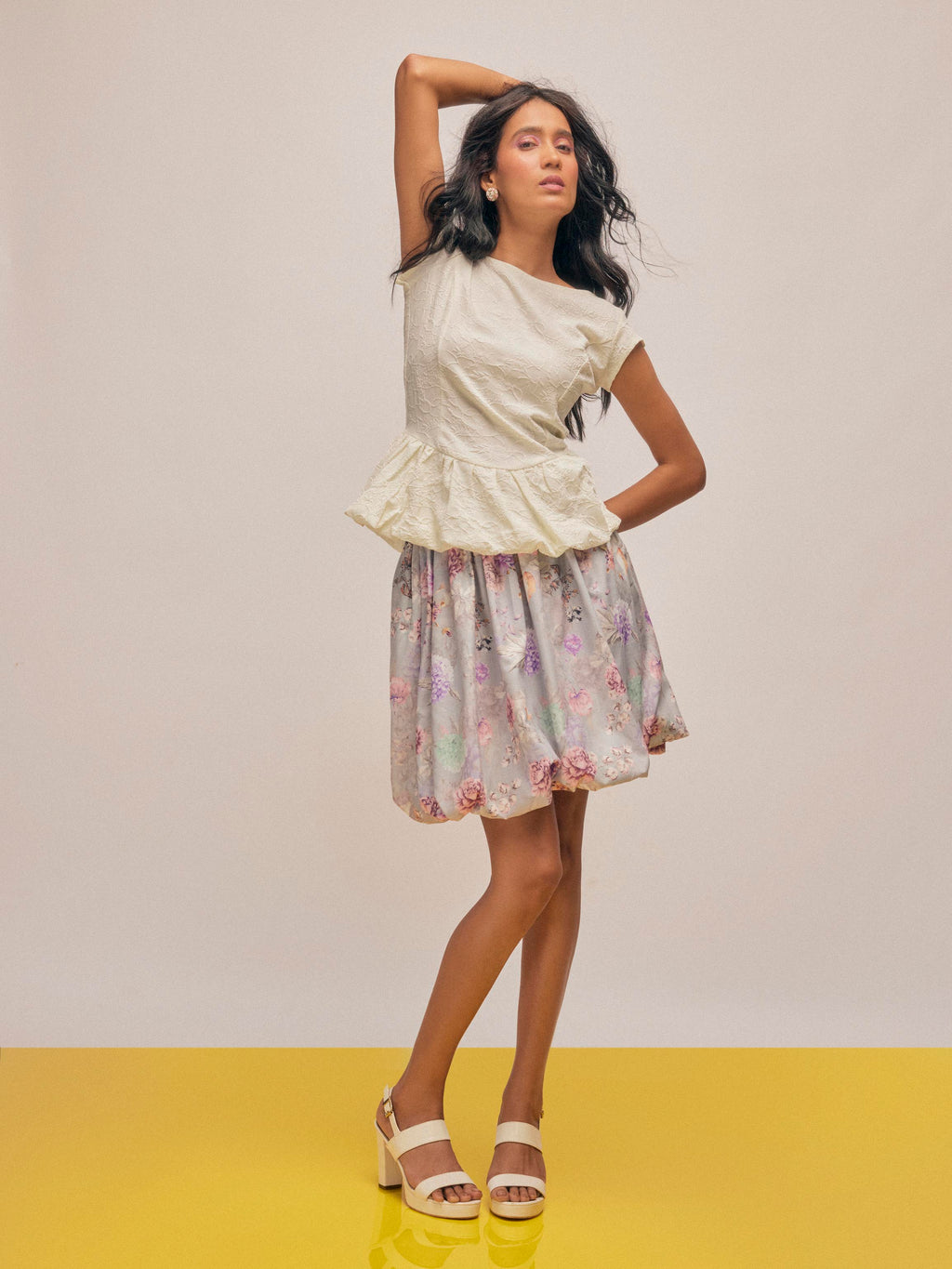 Grey Floral Print Bubble Hem Skirt