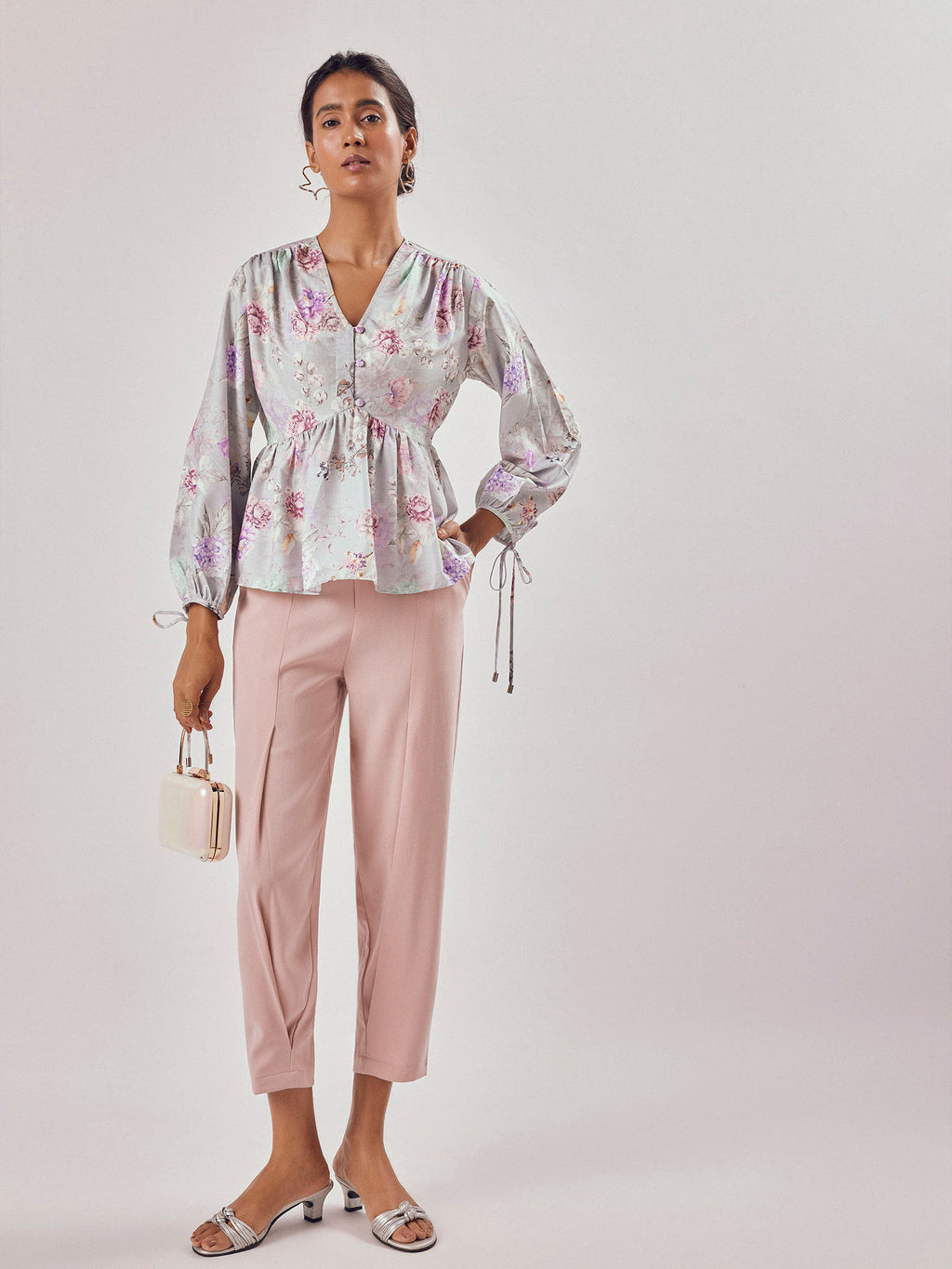 Grey Floral Print Peplum Tie Top