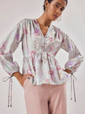 Grey Floral Print Peplum Tie Top