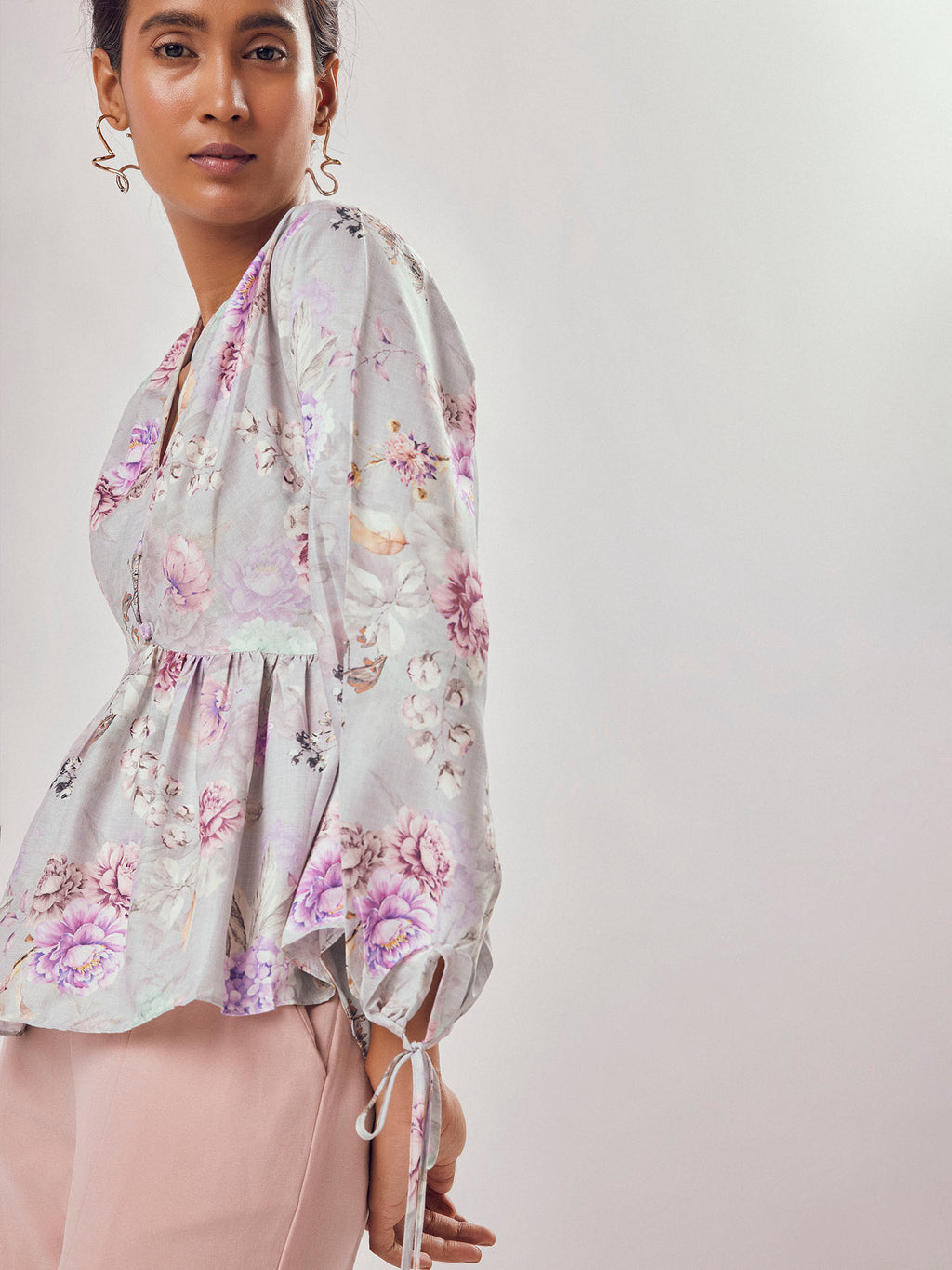 Grey Floral Print Peplum Tie Top