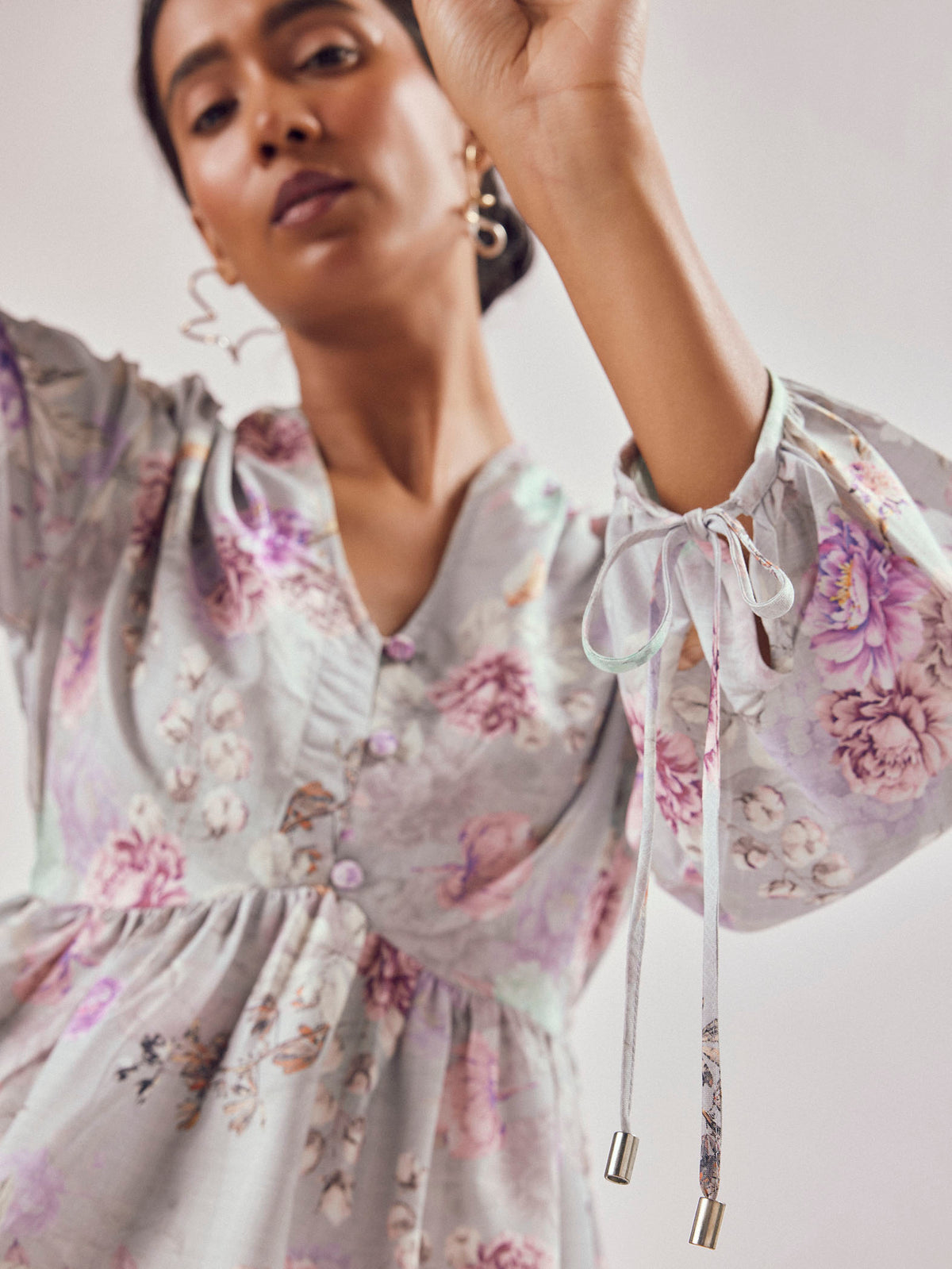 Grey Floral Print Peplum Tie Top