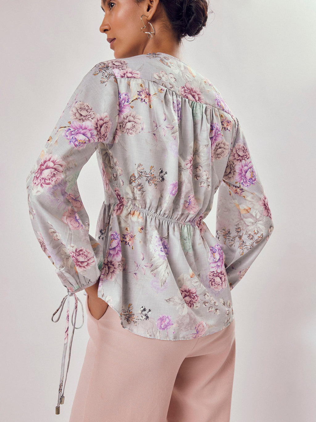 Grey Floral Print Peplum Tie Top