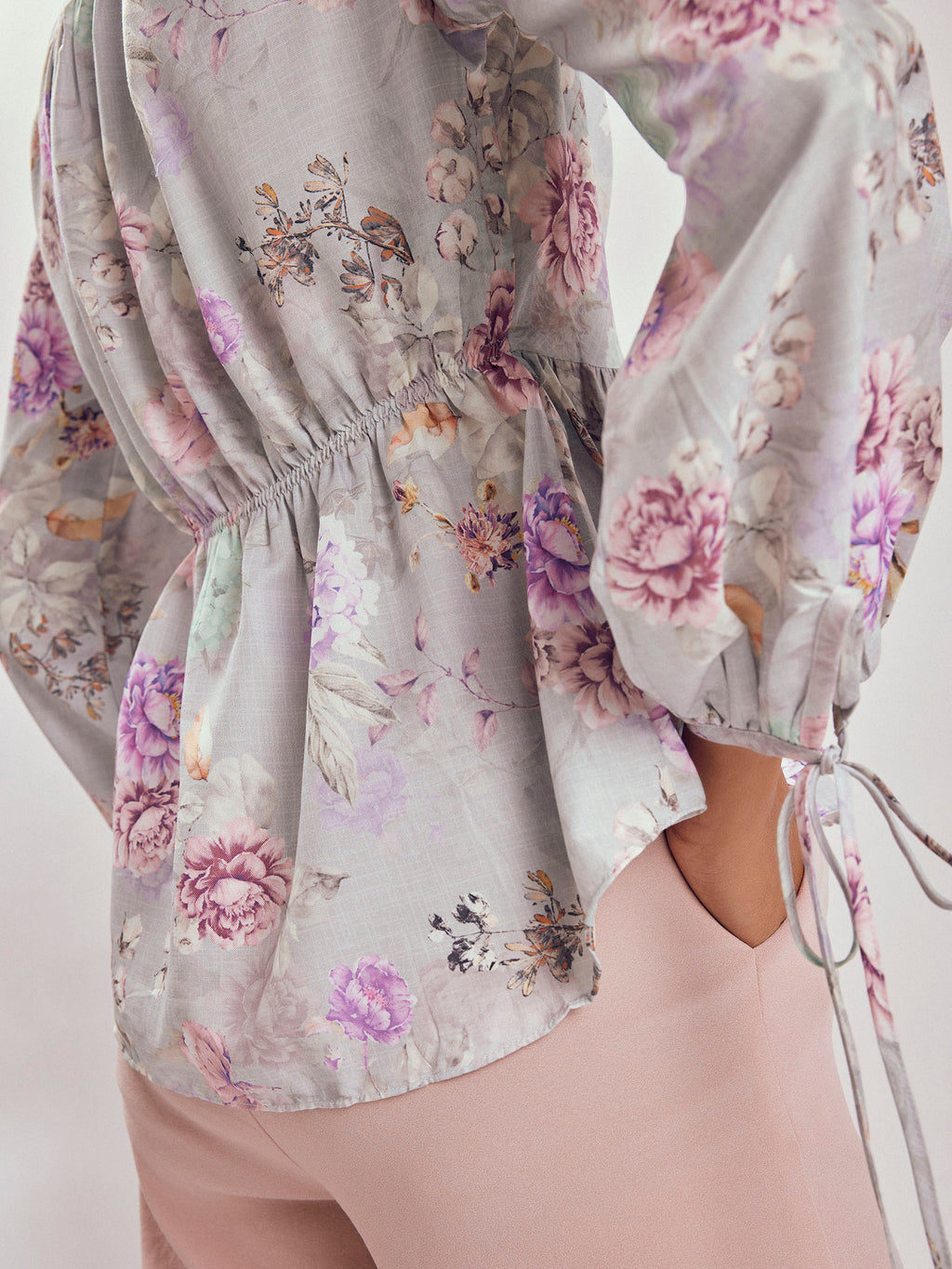 Grey Floral Print Peplum Tie Top
