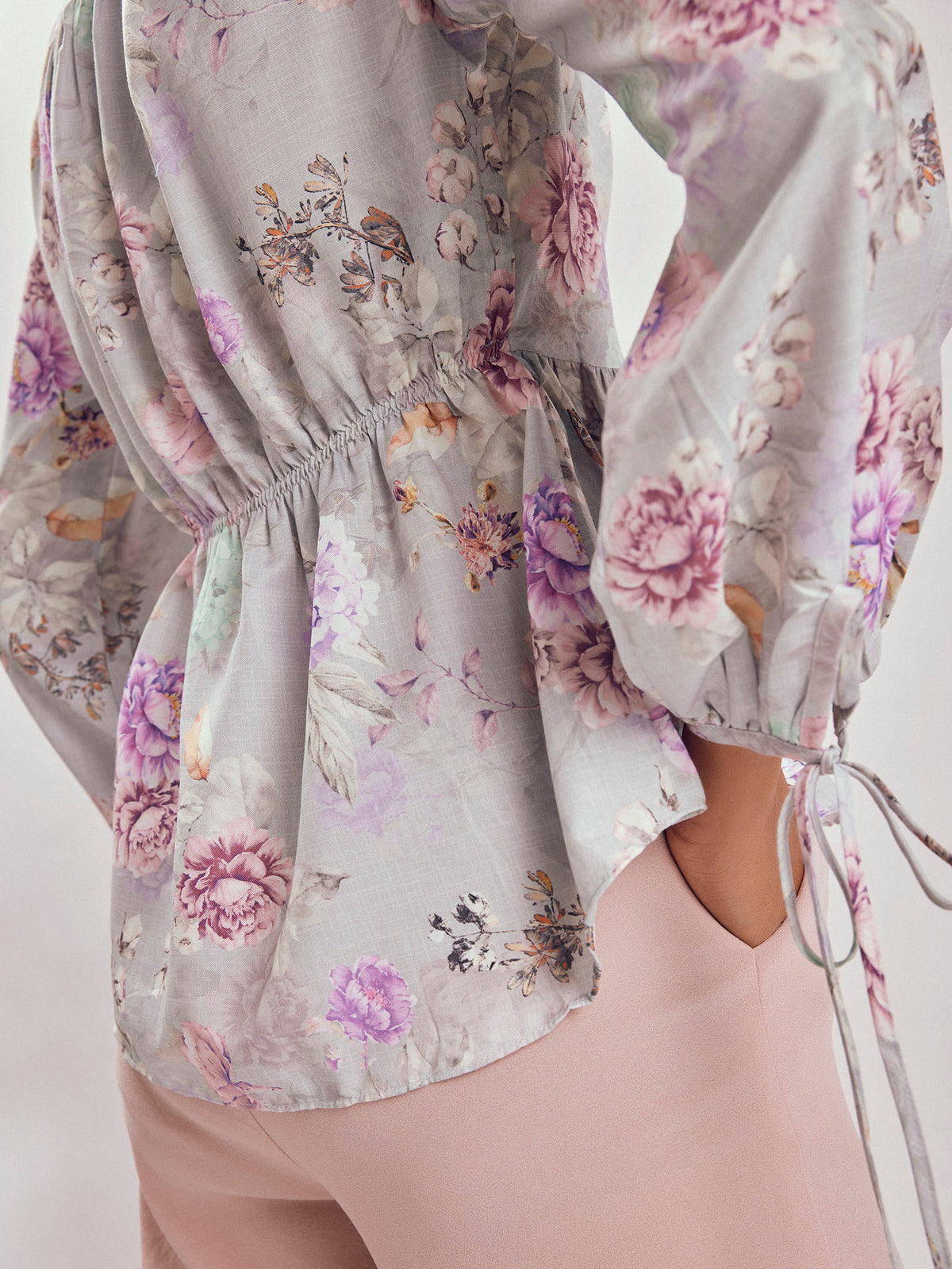 Grey Floral Print Peplum Tie Top