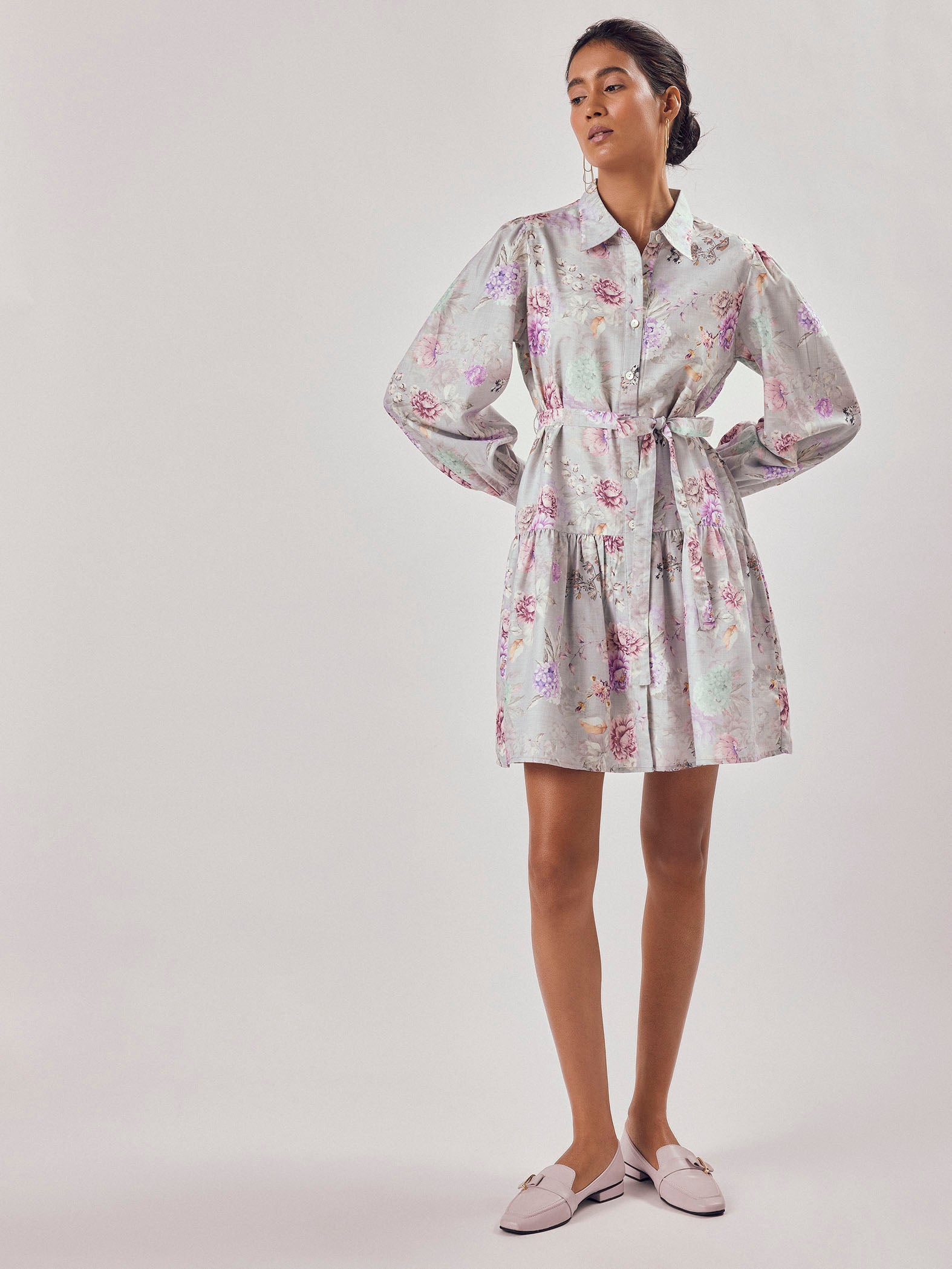 Grey Floral Print Shirt Dress