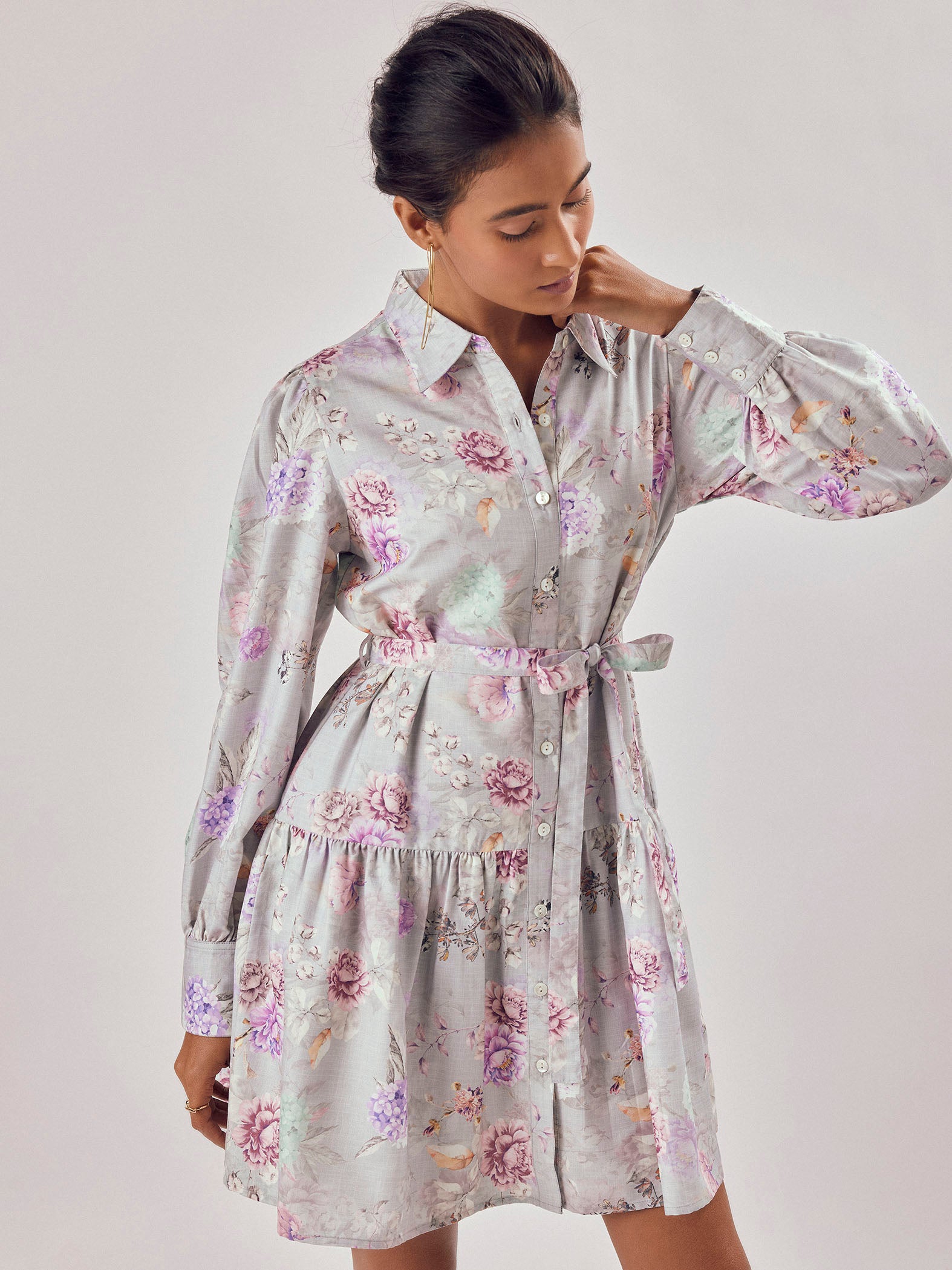 Grey Floral Print Shirt Dress