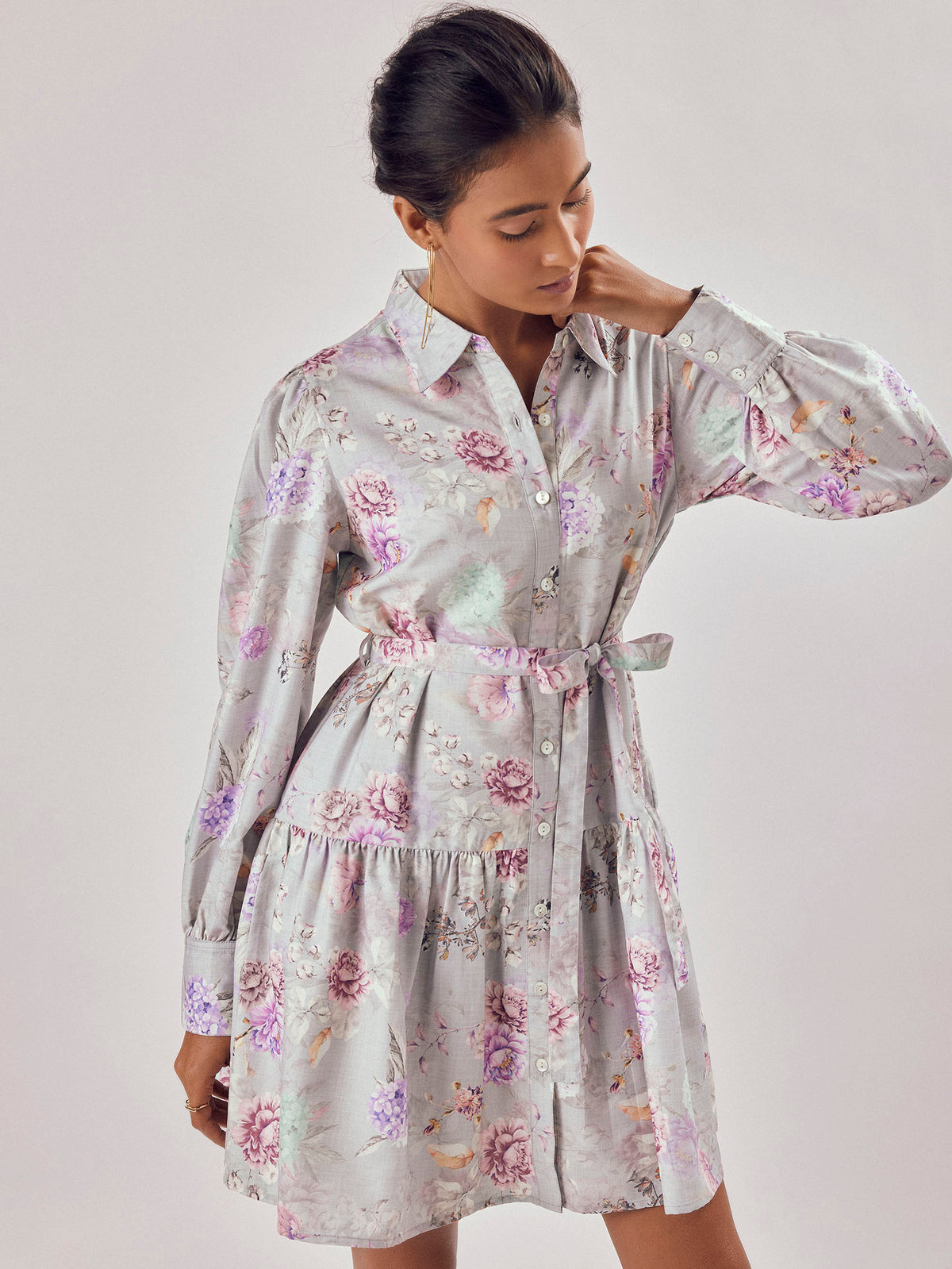 Grey Floral Print Shirt Dress