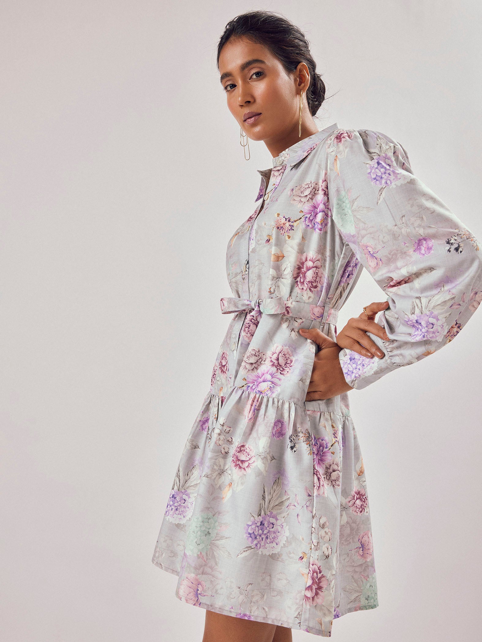 Grey Floral Print Shirt Dress