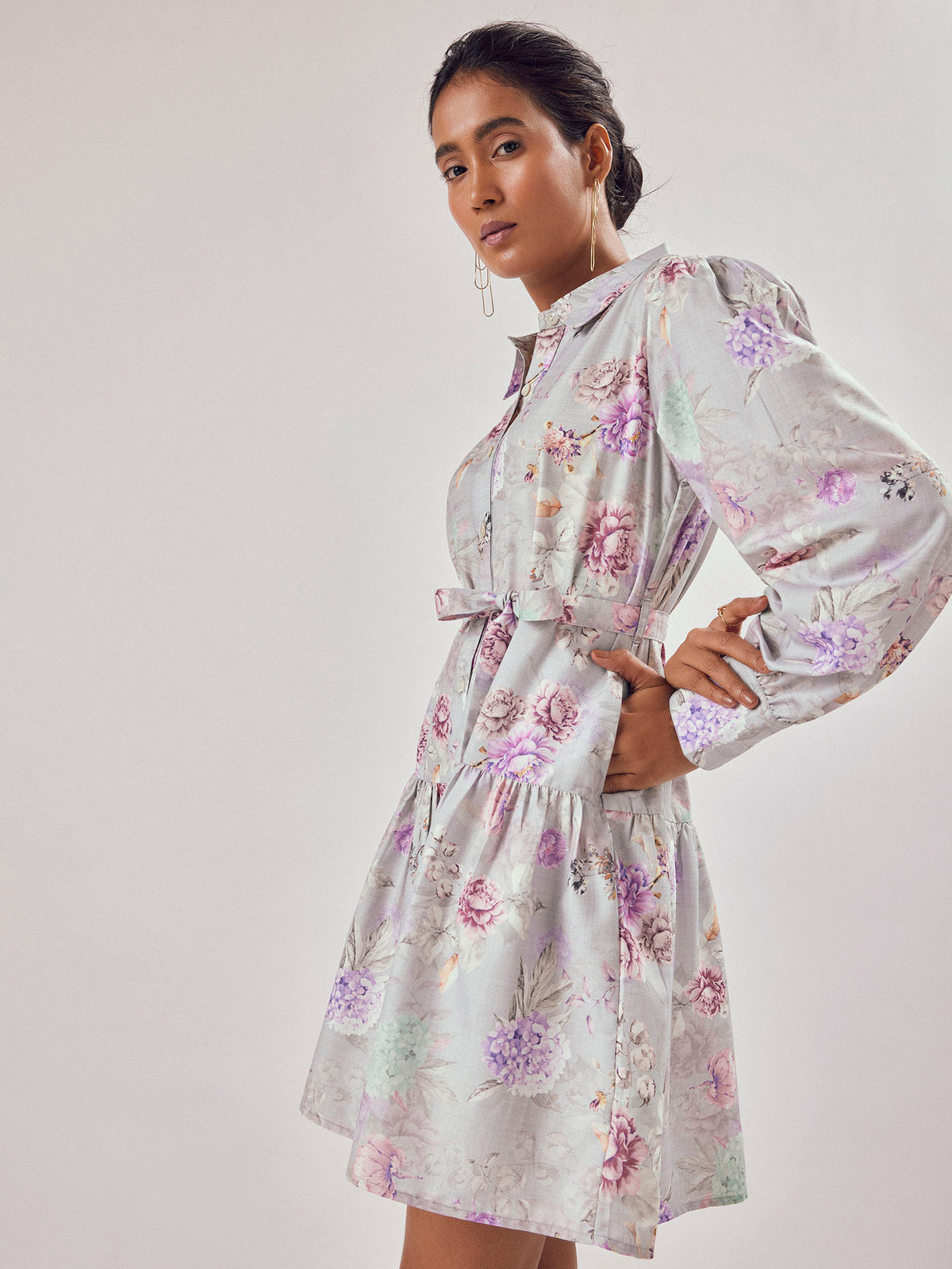 Grey Floral Print Shirt Dress