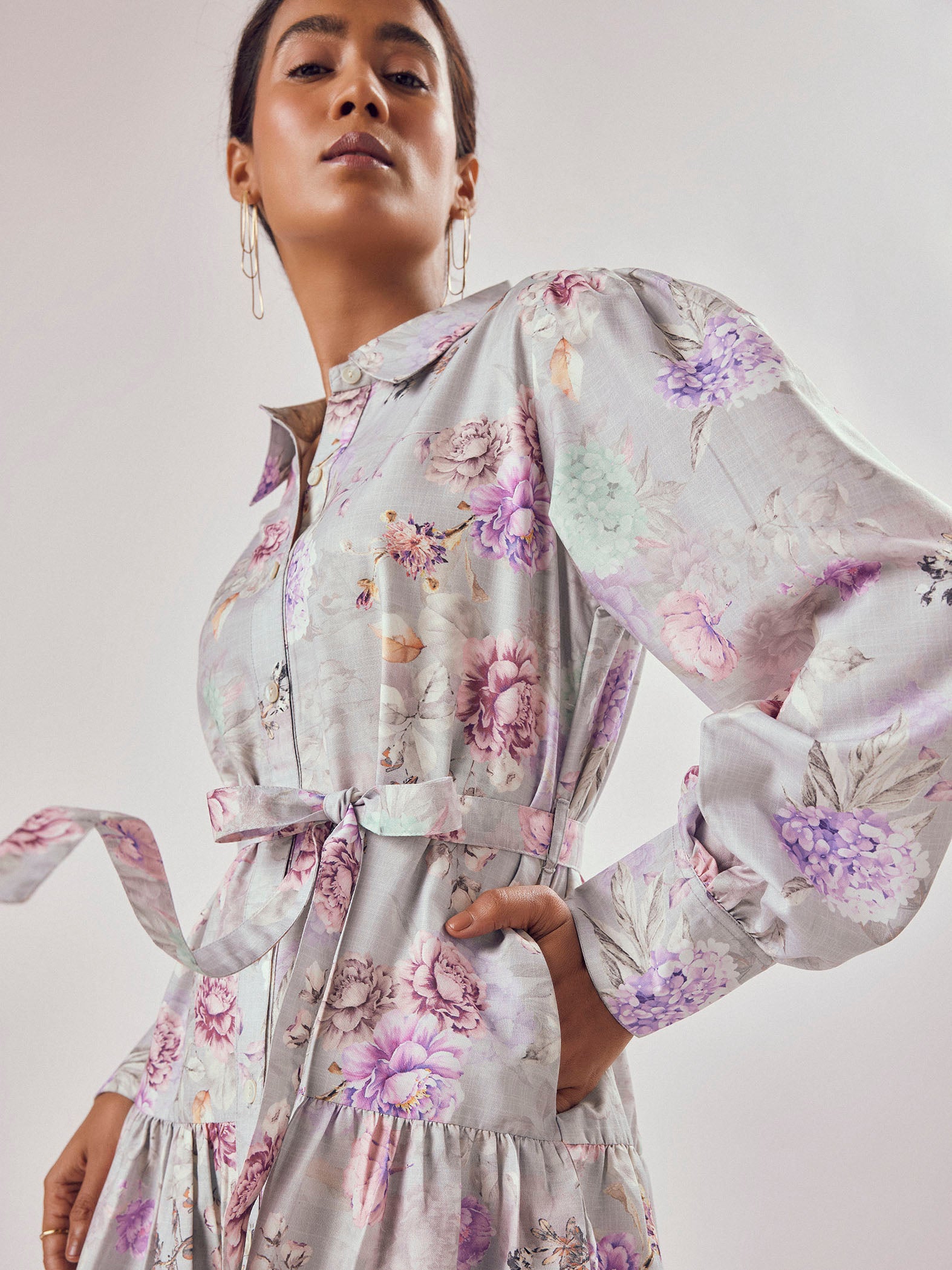Grey Floral Print Shirt Dress
