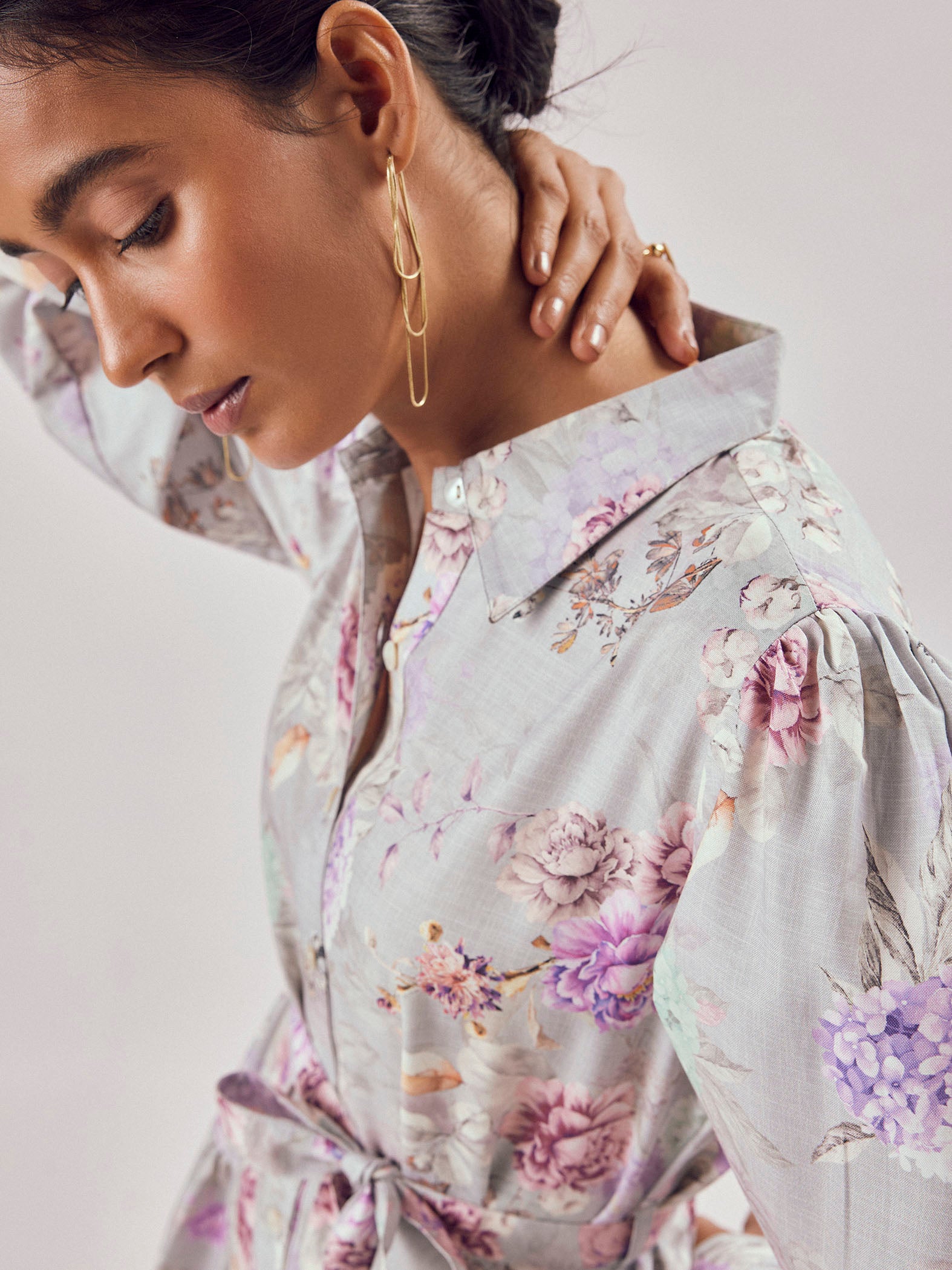 Grey Floral Print Shirt Dress