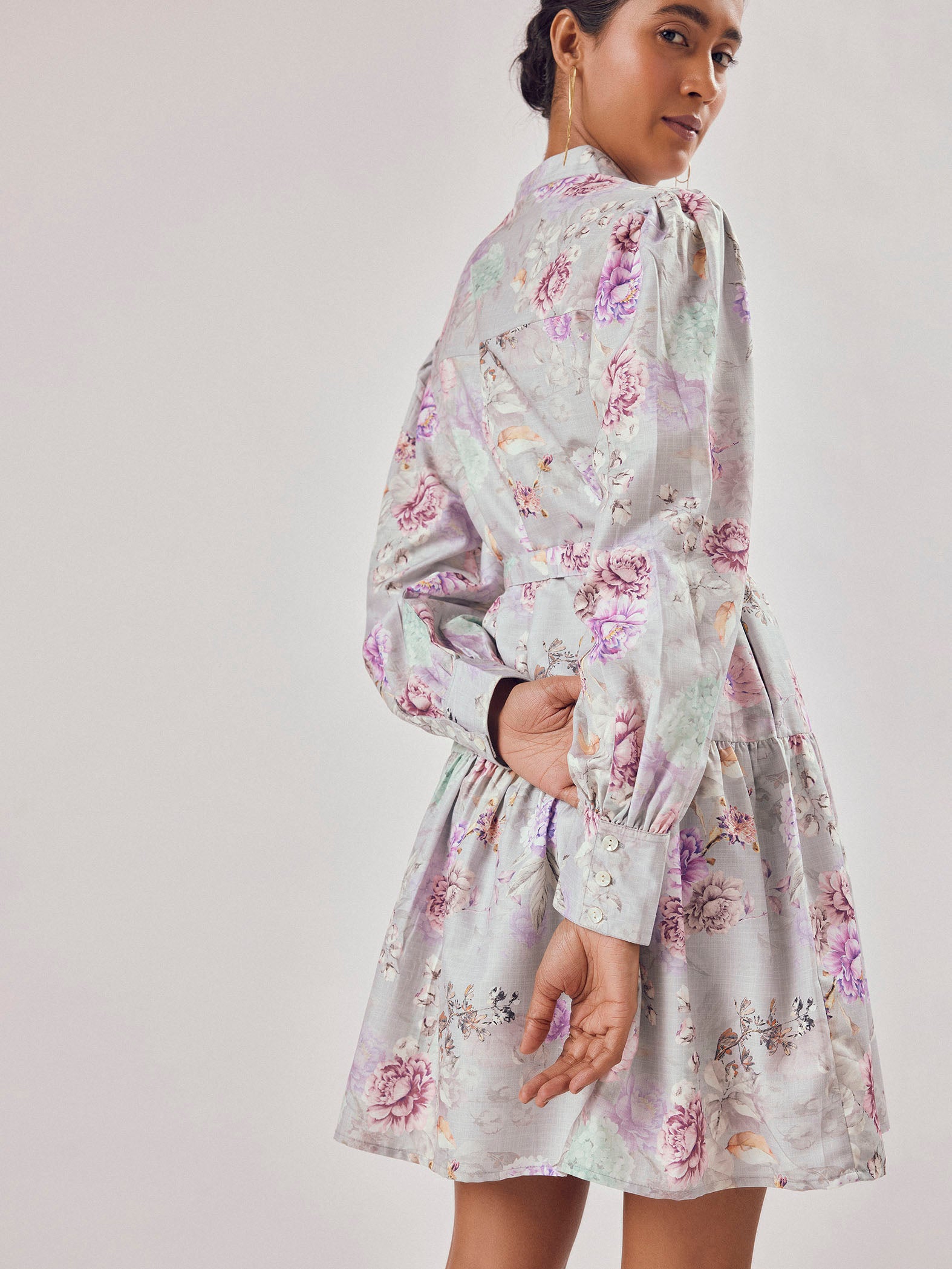 Grey Floral Print Shirt Dress
