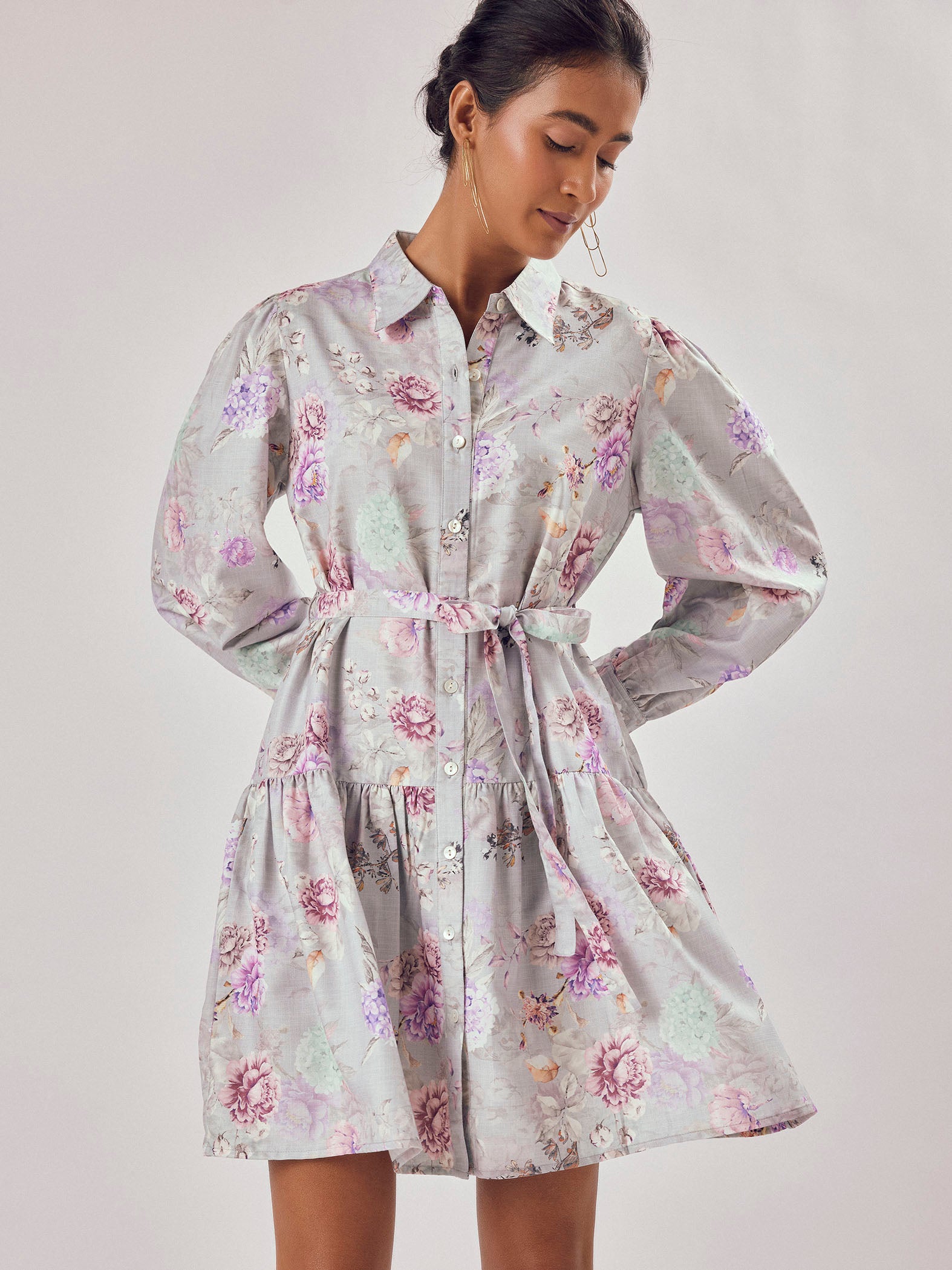 Grey Floral Print Shirt Dress