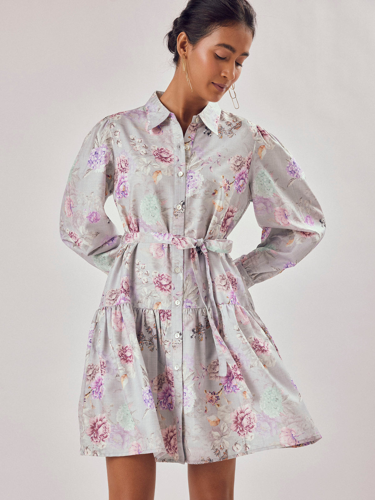 Grey Floral Print Shirt Dress