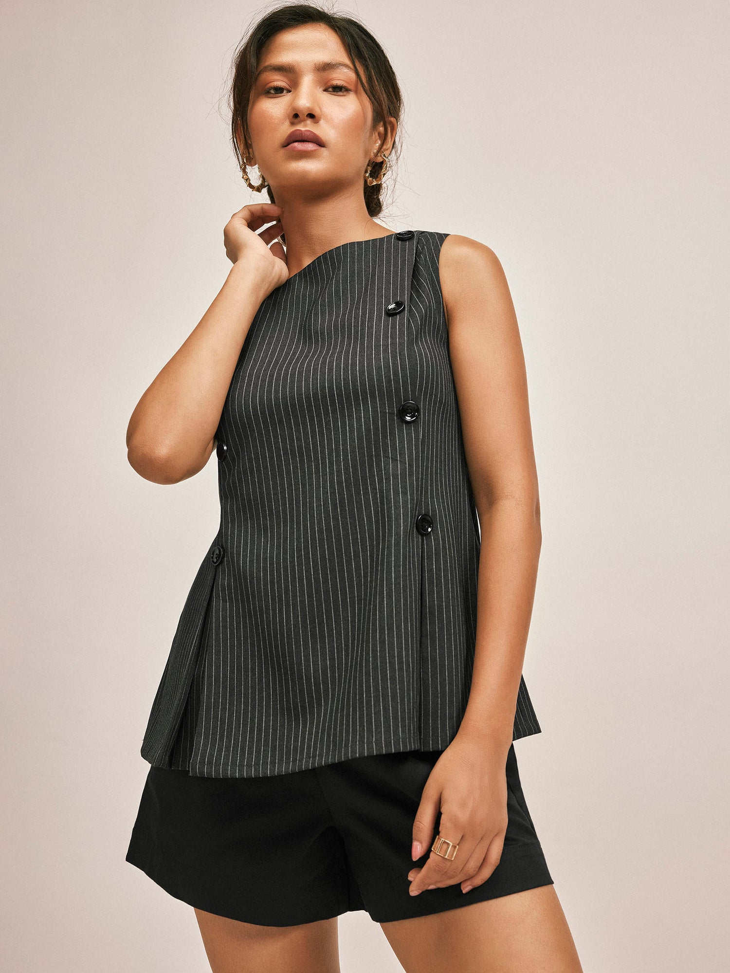 Grey Pinstripe Peplum Top